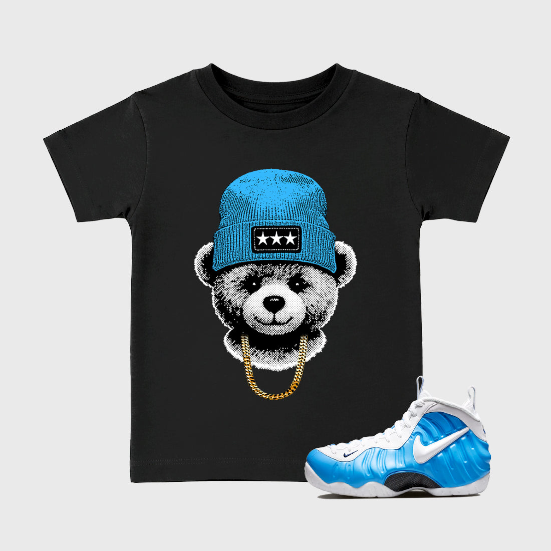 Gangster Teddy SNRT Sneaker Tees Kids - Air Foamposite Pro University Blue - SNRT Sneaker T-shirts