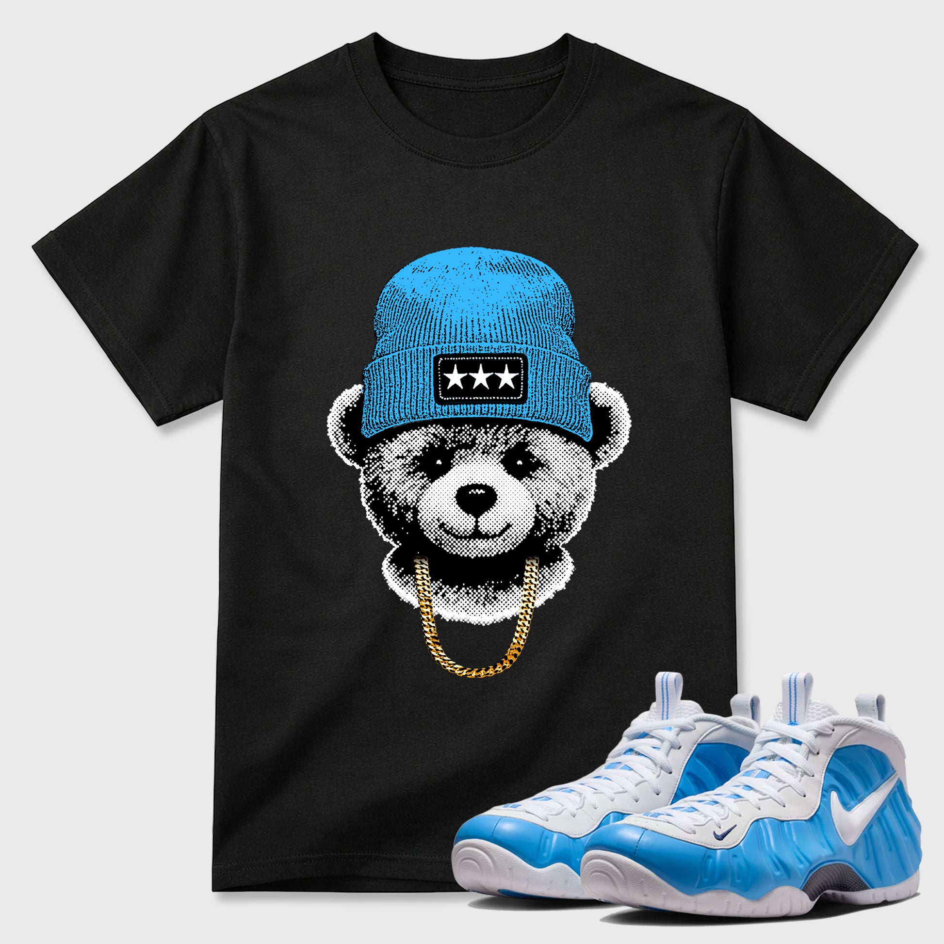 Gangster Teddy SNRT Sneaker Tees - Air Foamposite Pro University Blue - SNRT Sneaker T-shirts