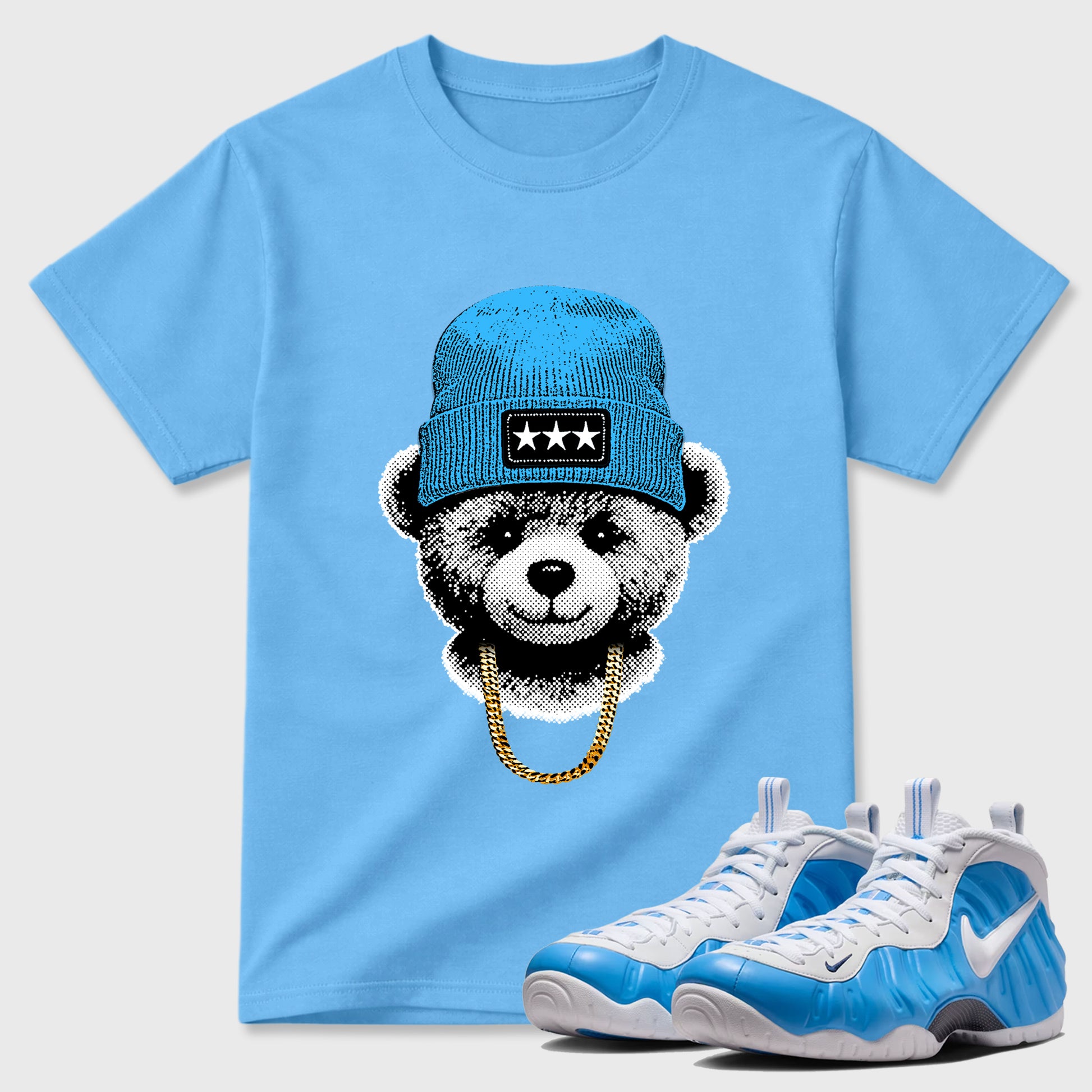 Gangster Teddy SNRT Sneaker Tees - Air Foamposite Pro University Blue - SNRT Sneaker T-shirts