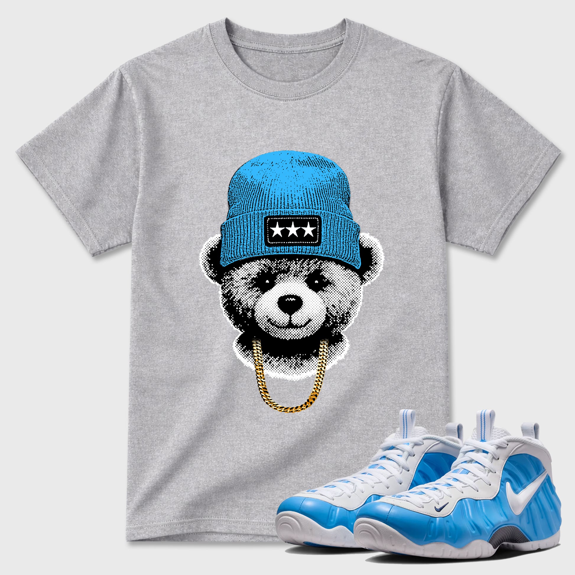 Gangster Teddy SNRT Sneaker Tees - Air Foamposite Pro University Blue - SNRT Sneaker T-shirts