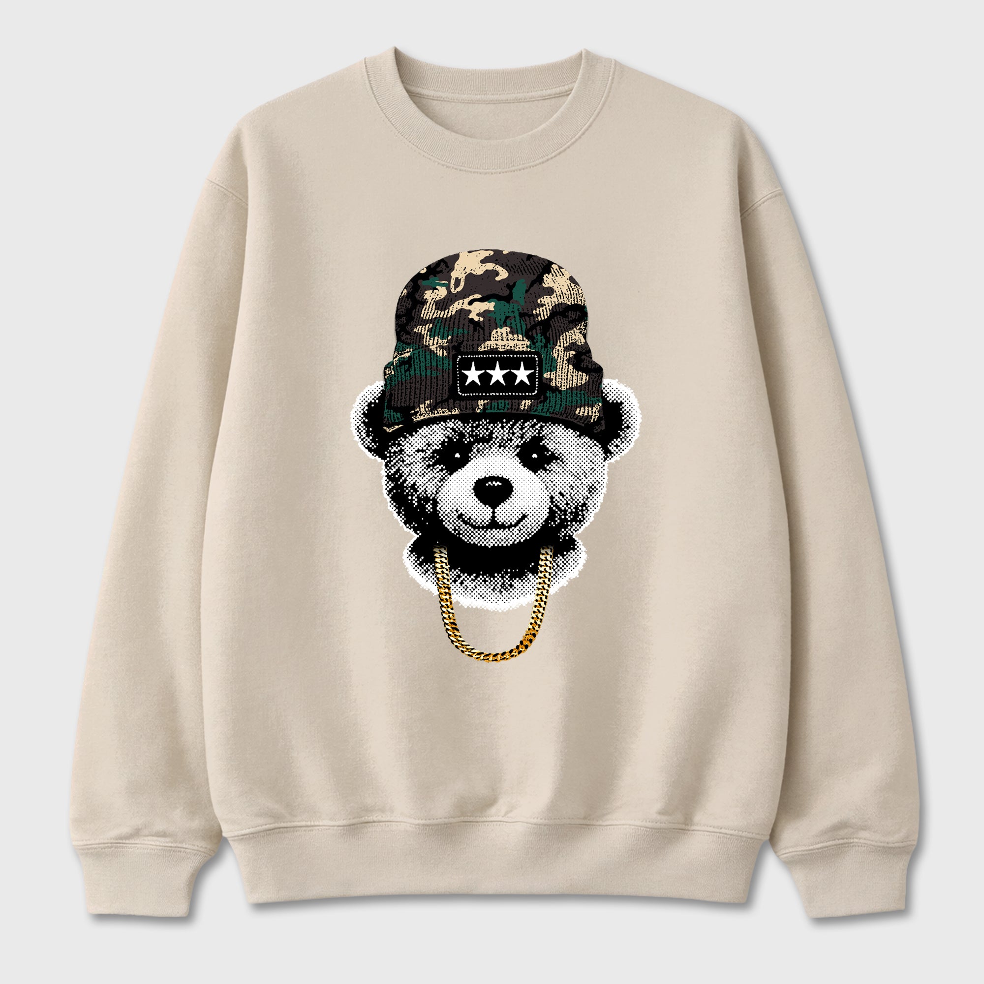 Gangster Teddy Graphic T-Shirt featuring original streetwear artwork designed to match the Air Foamposite Pro Green Camo. Natural 2 Graphic Tee.