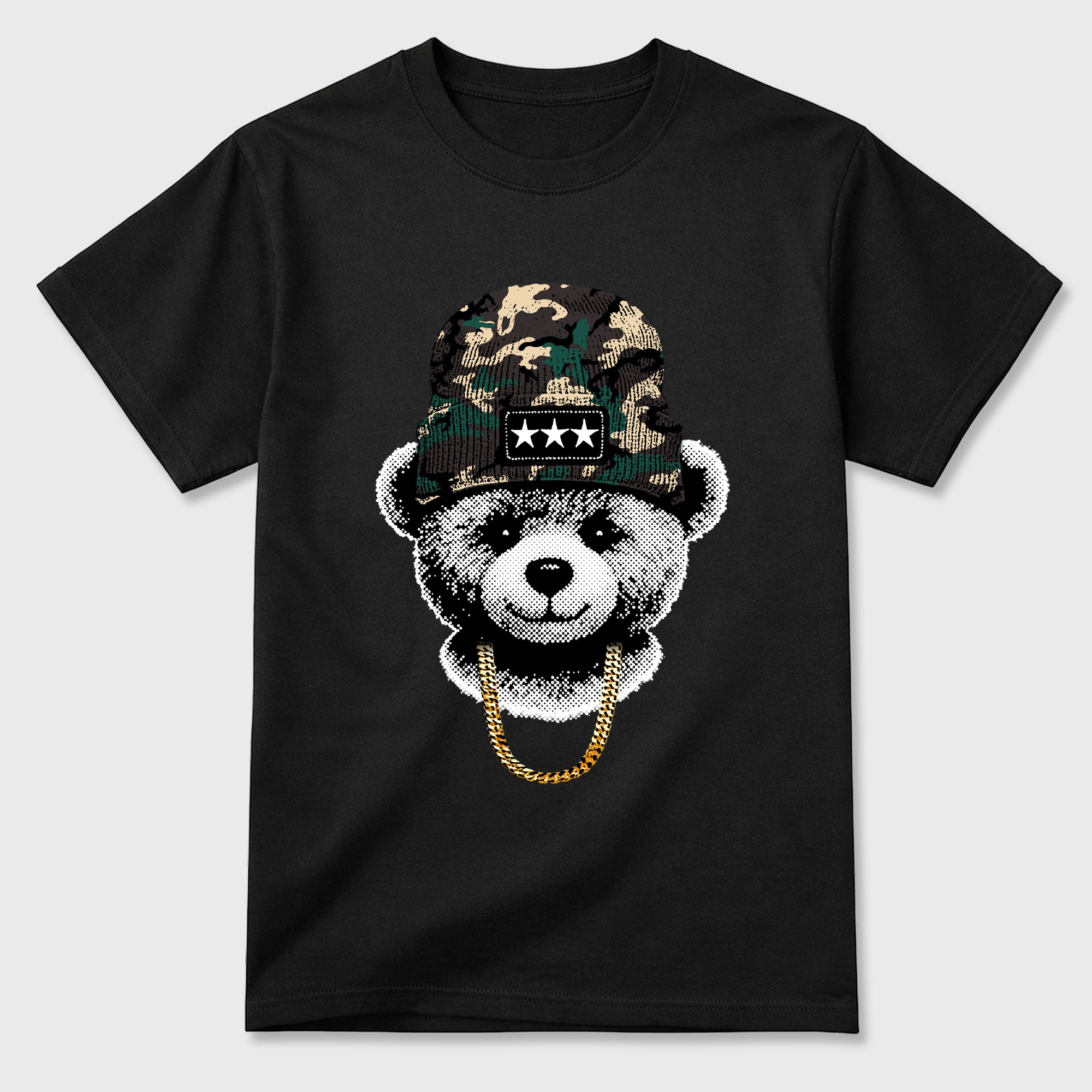 Gangster Teddy Graphic T-Shirt featuring original streetwear artwork designed to match the Air Foamposite Pro Green Camo. Black 2 Graphic T-Shirt.