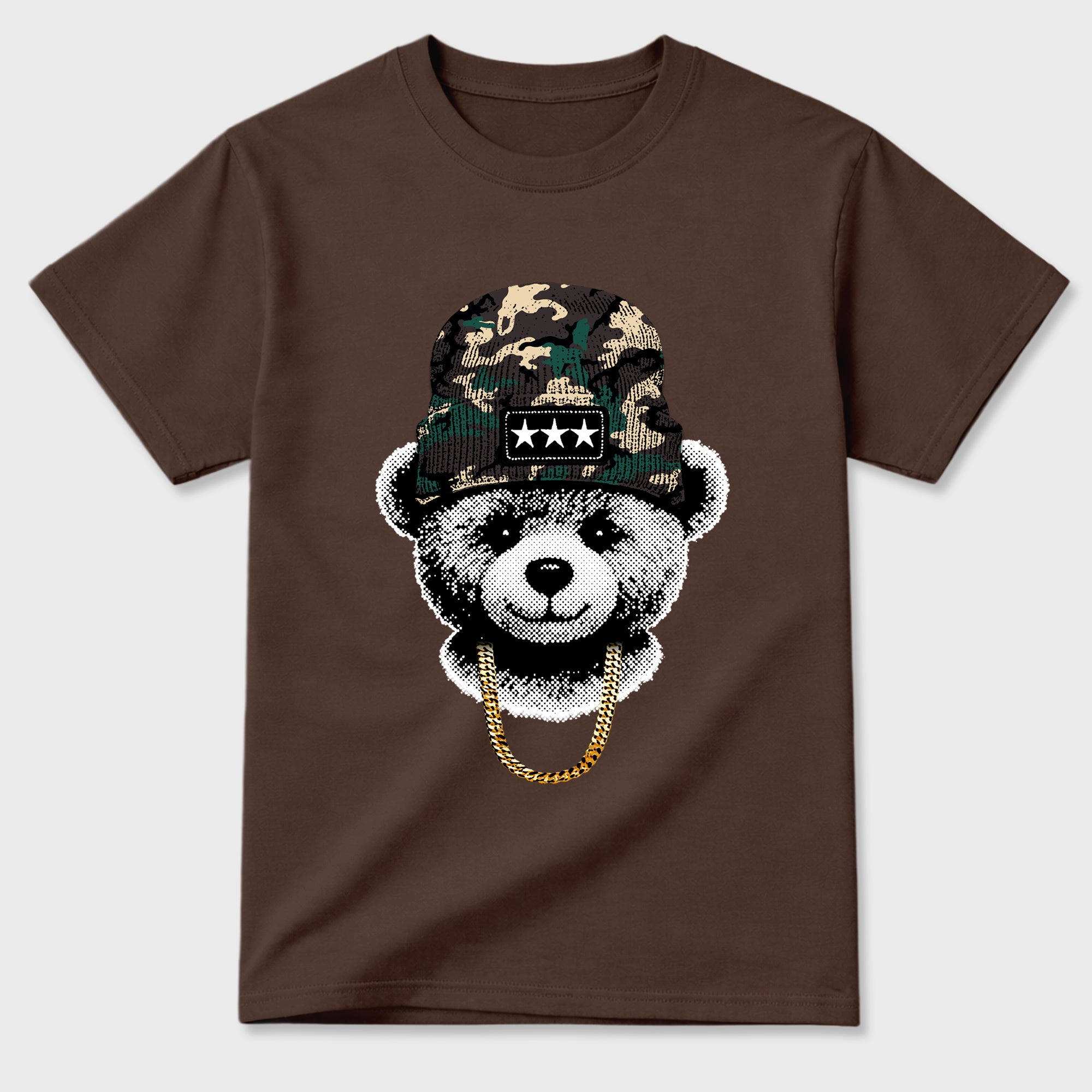 Gangster Teddy Graphic T-Shirt featuring original streetwear artwork designed to match the Air Foamposite Pro Green Camo. Dark Chocolate 2 Graphic T-Shirt.