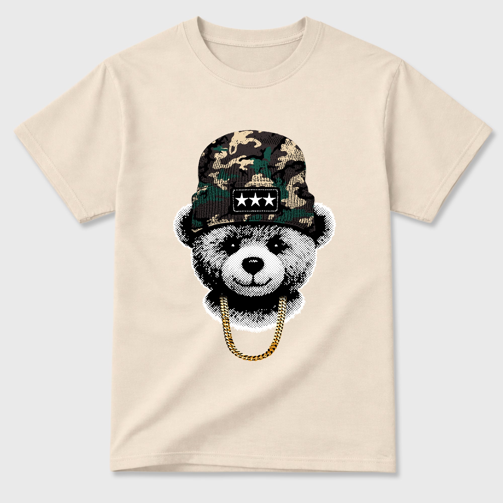 Gangster Teddy Graphic T-Shirt featuring original streetwear artwork designed to match the Air Foamposite Pro Green Camo. Natural 2 Graphic T-Shirt.