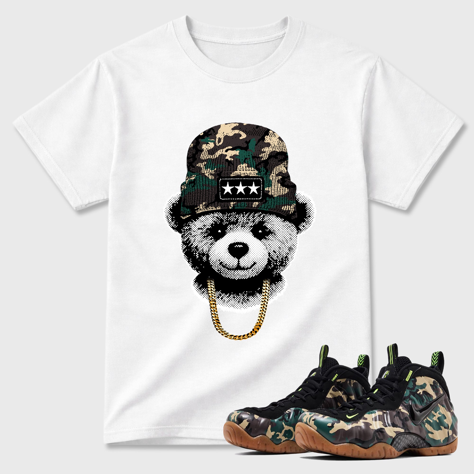 Gangster Teddy Graphic T-Shirt featuring original streetwear artwork designed to match the Air Foamposite Pro Green Camo. White 1 Graphic T-Shirt.
