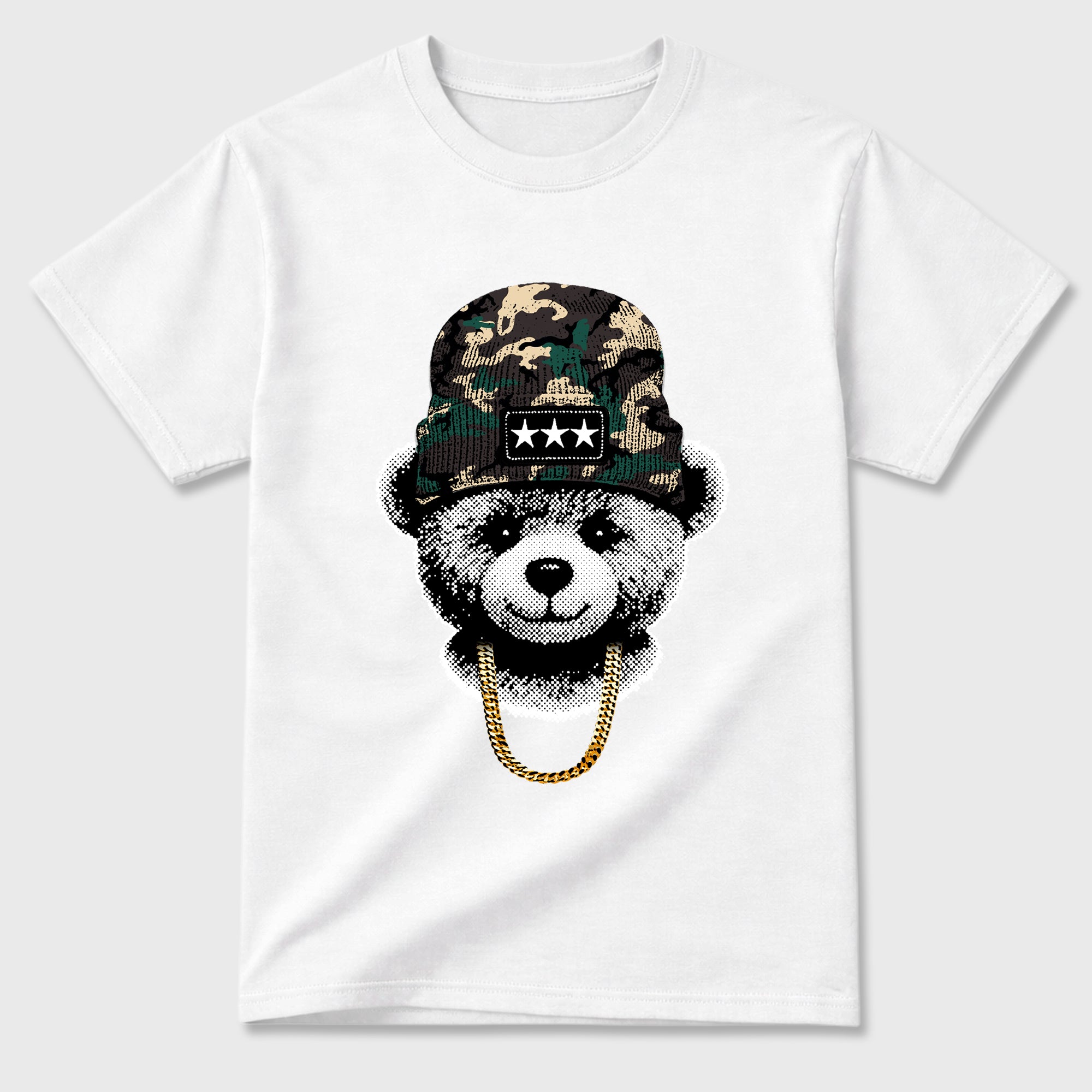 Gangster Teddy Graphic T-Shirt featuring original streetwear artwork designed to match the Air Foamposite Pro Green Camo. White 2 Graphic T-Shirt.