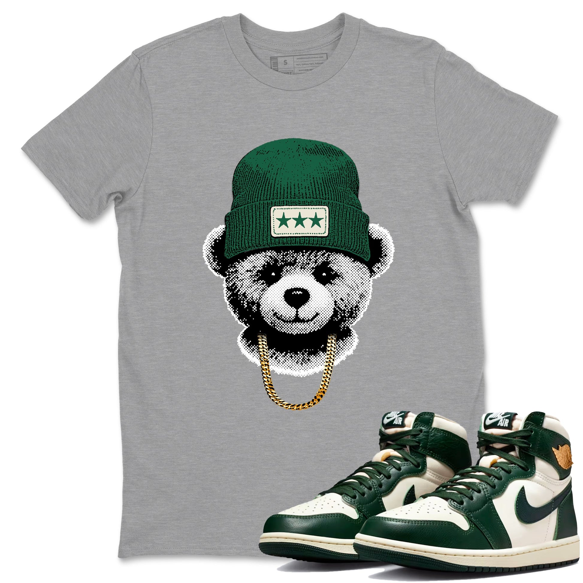 Sneaker Threads – Sneaker Tees To Match Air Jordan 1 Pro Green – Gangster Teddy Graphic Tee Heather Grey 1. Perfect for Jordan releases 2025 colorways.