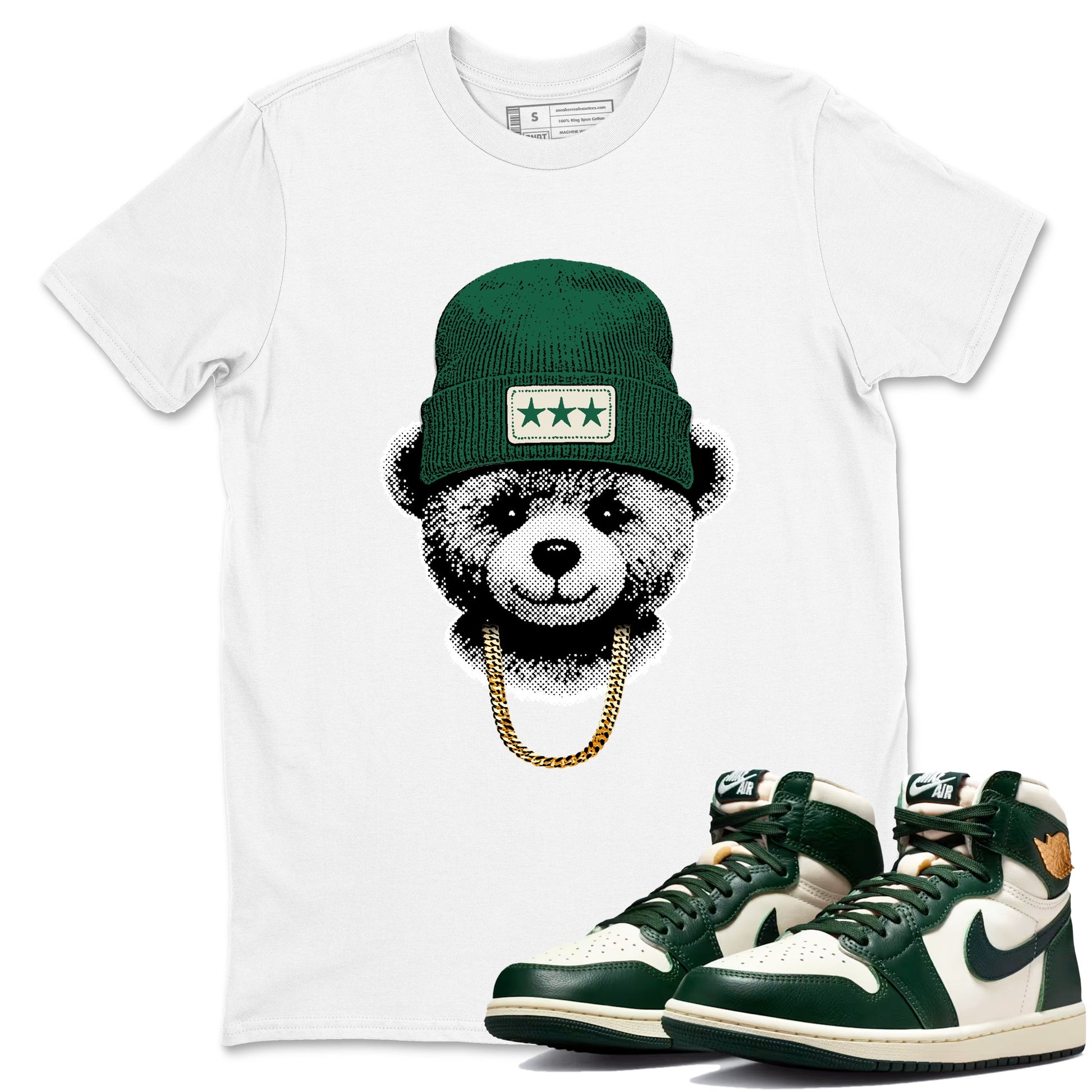 Sneaker Threads – Sneaker Tees To Match Air Jordan 1 Pro Green – Gangster Teddy Graphic Tee White 1. Perfect for Jordan releases 2025 colorways.