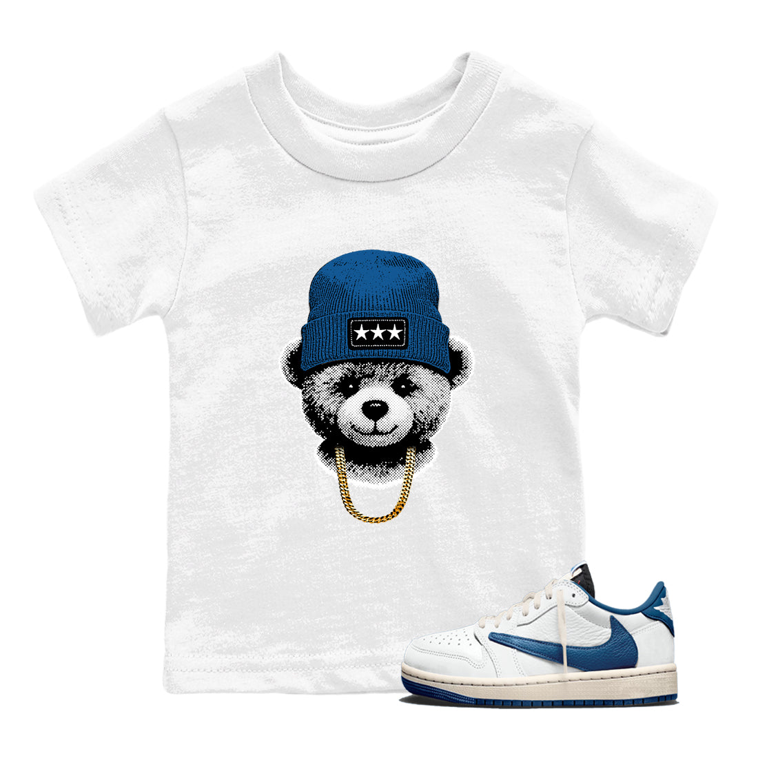 Sneaker tee, Streetwear Brand – Shirts To Match Air Jordan 1 Travis Scott x Fragment Sneakers – Gangster Teddy Kids, Baby Graphic T-Shirt White 1