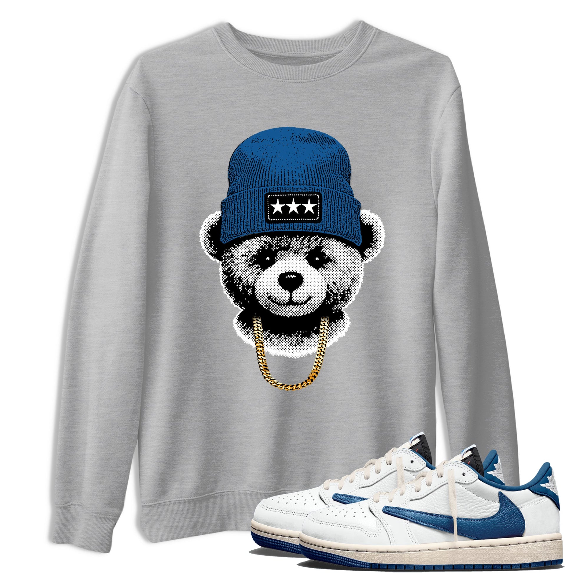 Sneaker tee, Streetwear Brand – Shirts To Match Air Jordan 1 Travis Scott x Fragment Sneakers – Gangster Teddy Graphic Tee Heather Grey 1
