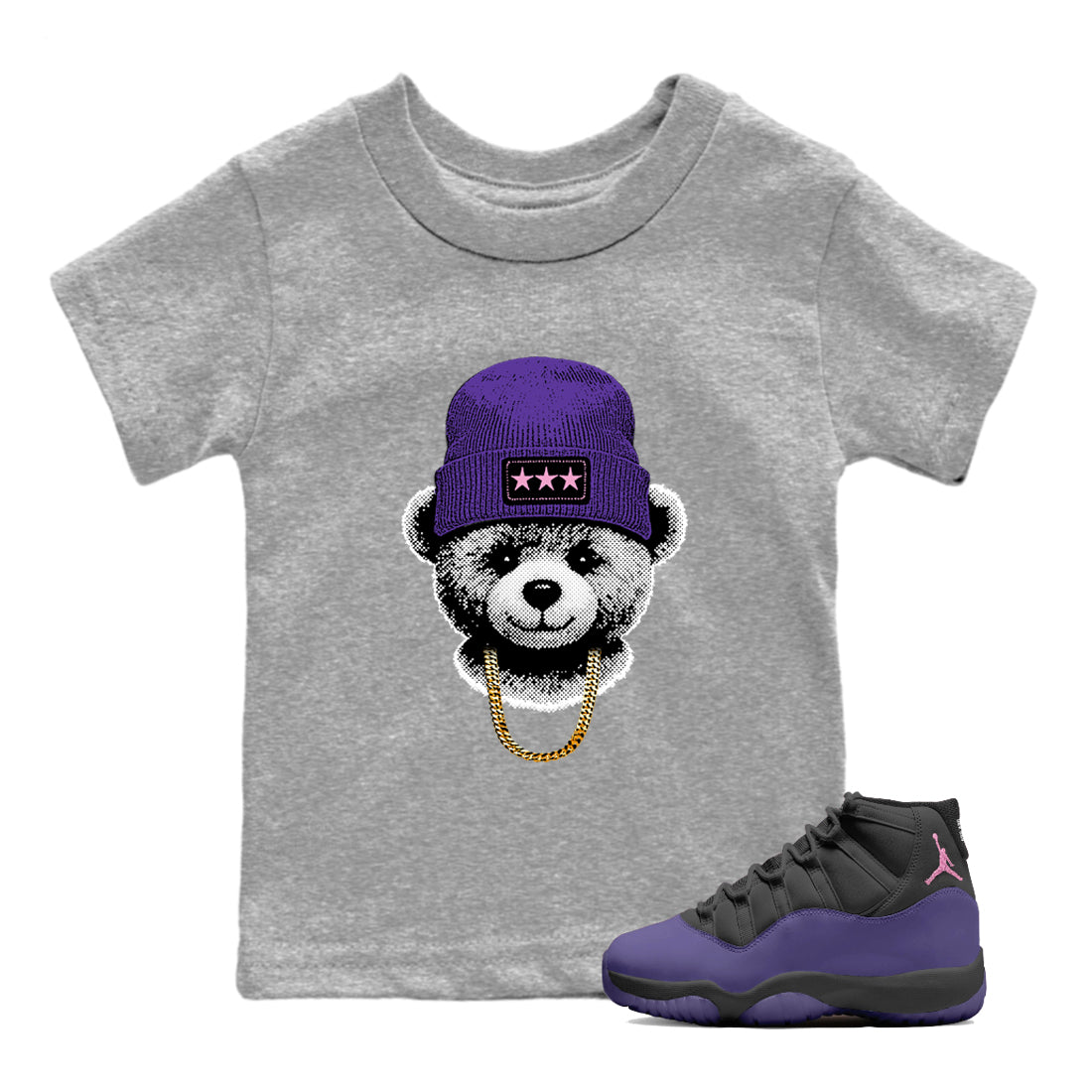 Sneaker match tees – Sneaker Tees To Match Air Jordan 11 Canyon Purple Shoes – Gangster Teddy Kids T-Shirt Heather Grey 1