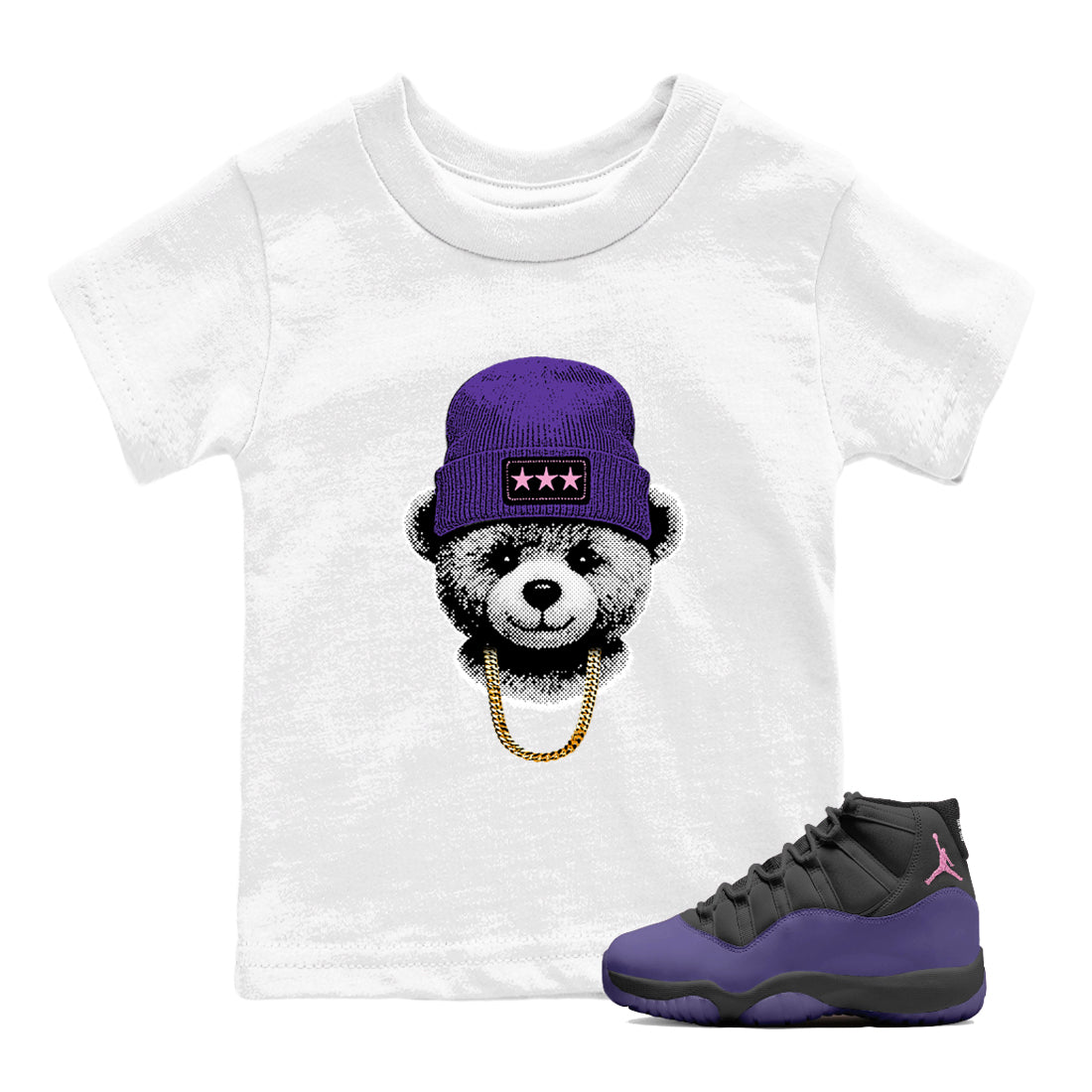Sneaker match tees – Sneaker Tees To Match Air Jordan 11 Canyon Purple Shoes – Gangster Teddy Kids T-Shirt White 1