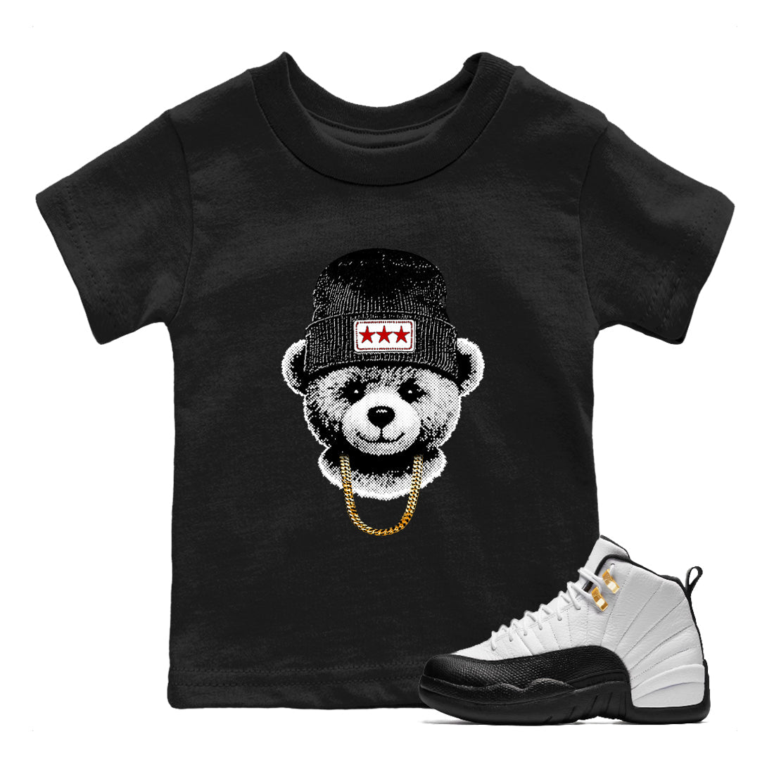 Sneaker tee, Streetwear Brand – Shirts To Match Air Jordan 12 Retro Taxi Sneakers – Gangster Teddy Kids, Baby Graphic T-Shirt Black 1