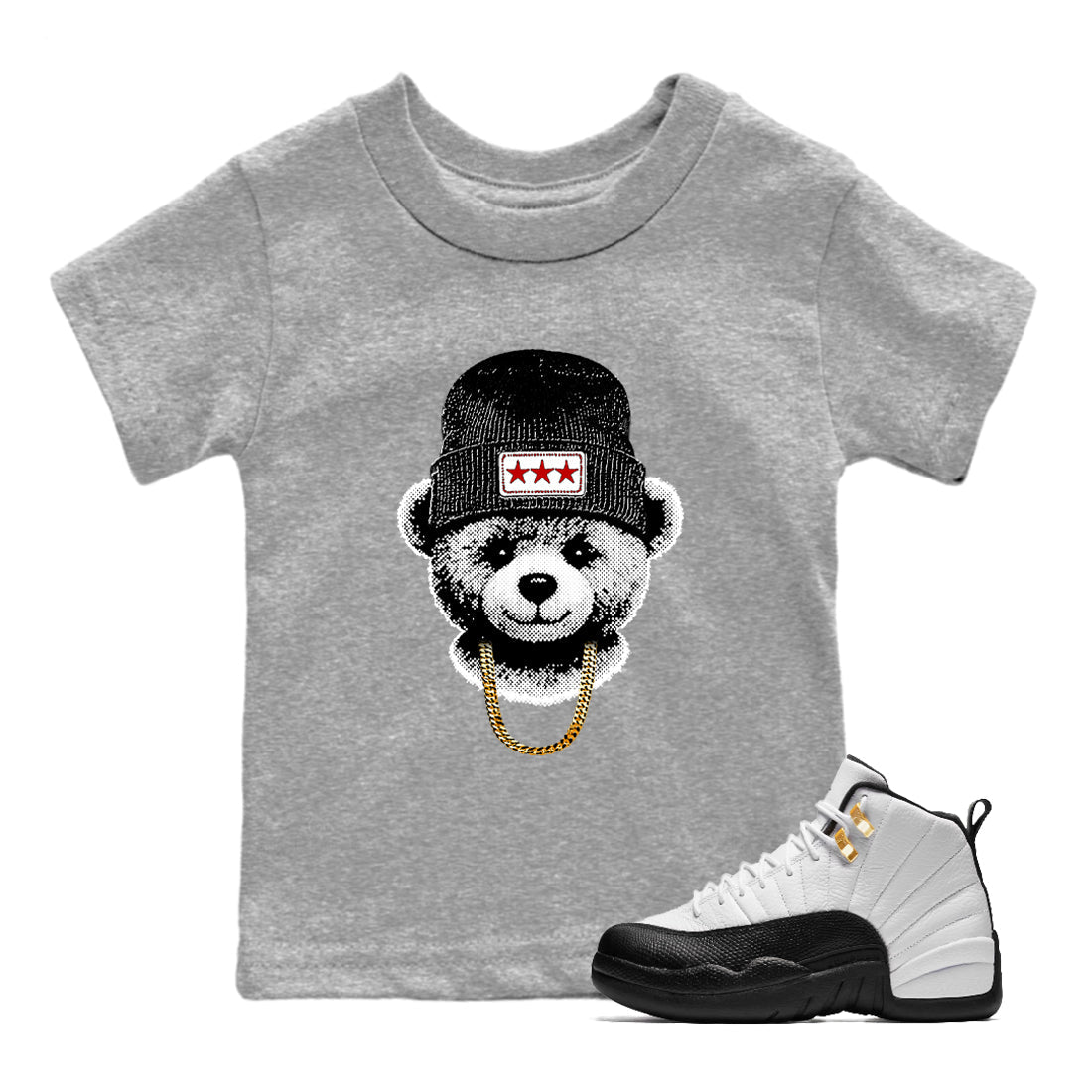 Sneaker tee, Streetwear Brand – Shirts To Match Air Jordan 12 Retro Taxi Sneakers – Gangster Teddy Kids, Baby Graphic T-Shirt Heather Grey 1