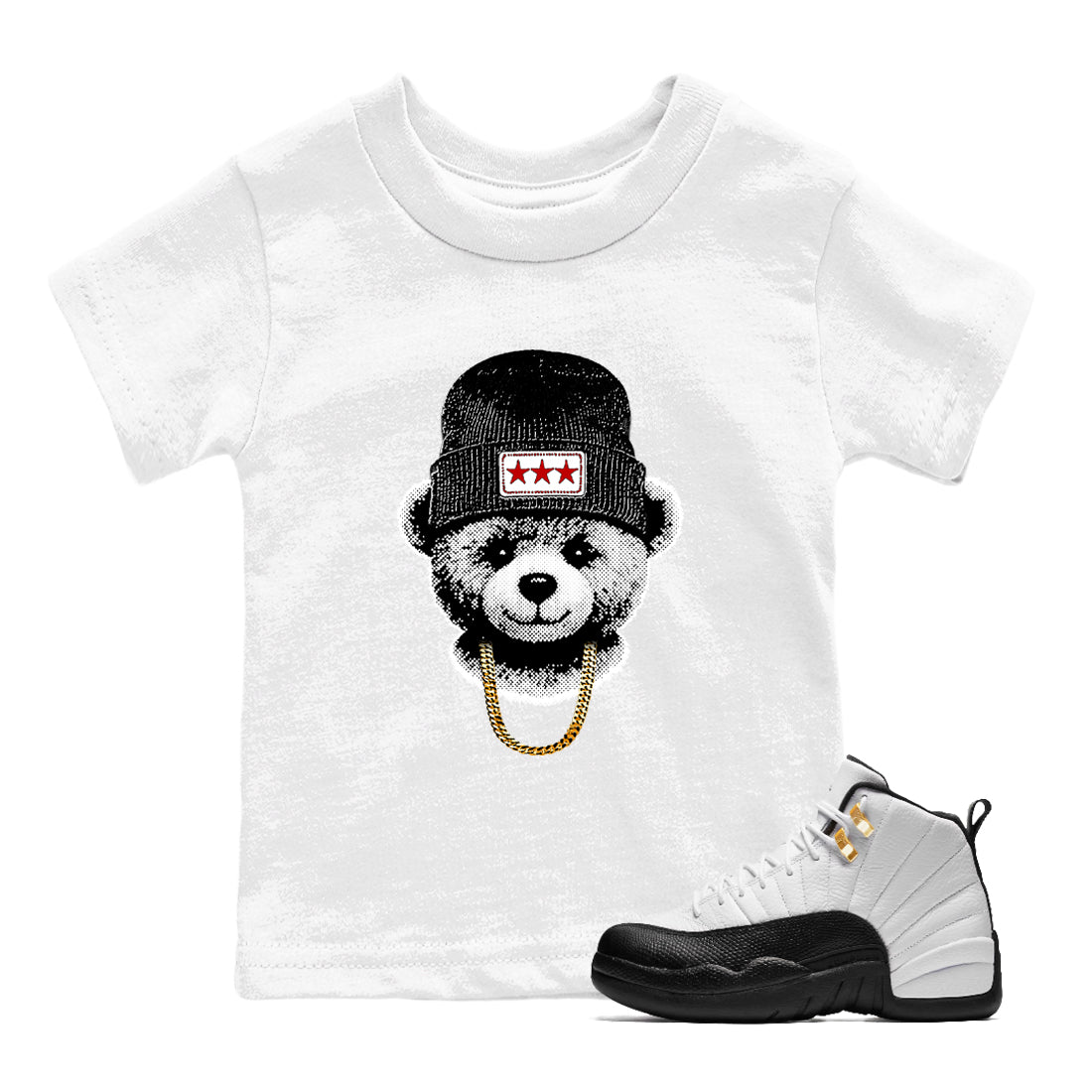 Sneaker tee, Streetwear Brand – Shirts To Match Air Jordan 12 Retro Taxi Sneakers – Gangster Teddy Kids, Baby Graphic T-Shirt White 1