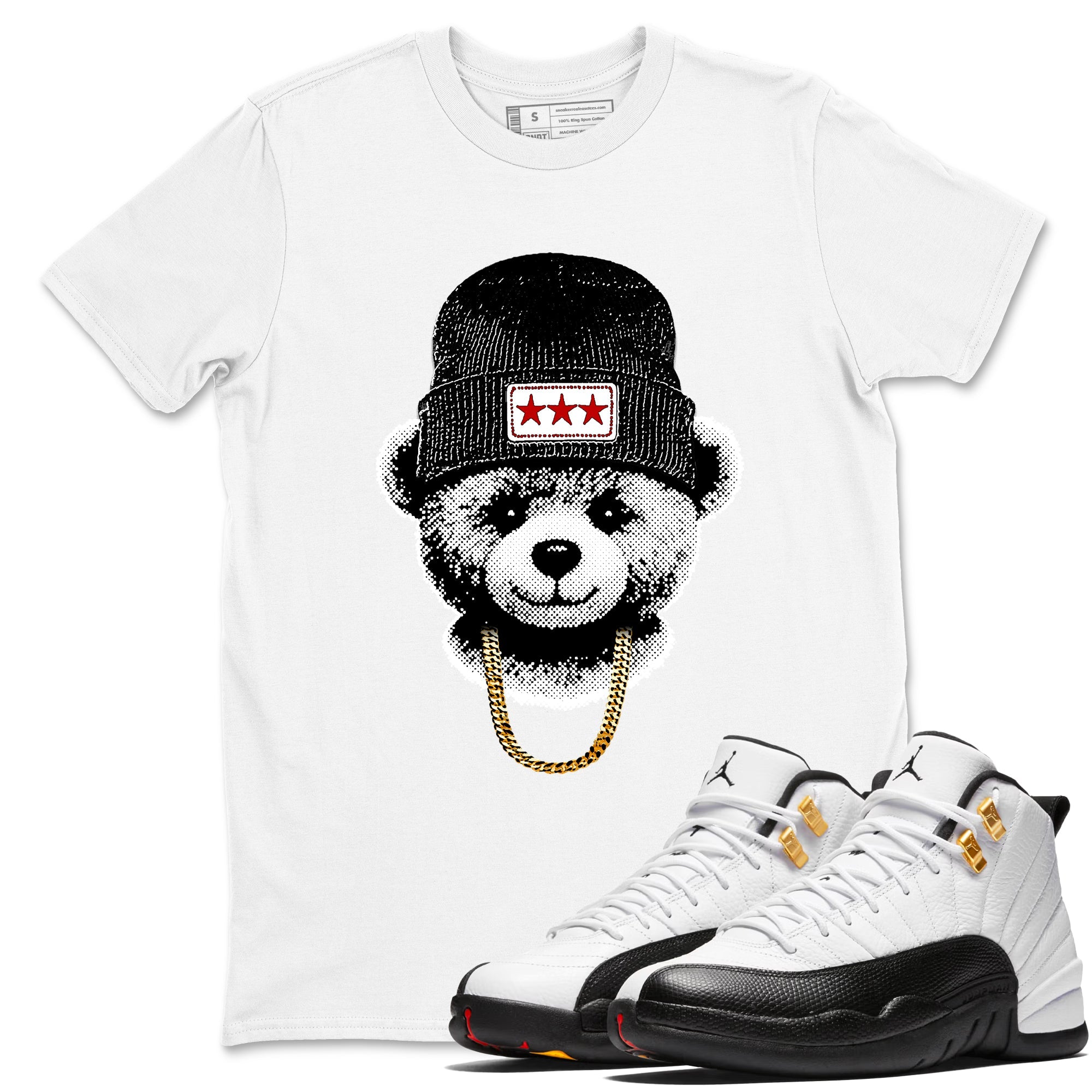 Sneaker tee, Streetwear Brand – Shirts To Match Air Jordan 12 Retro Taxi Sneakers – Gangster Teddy Graphic Tee White 1