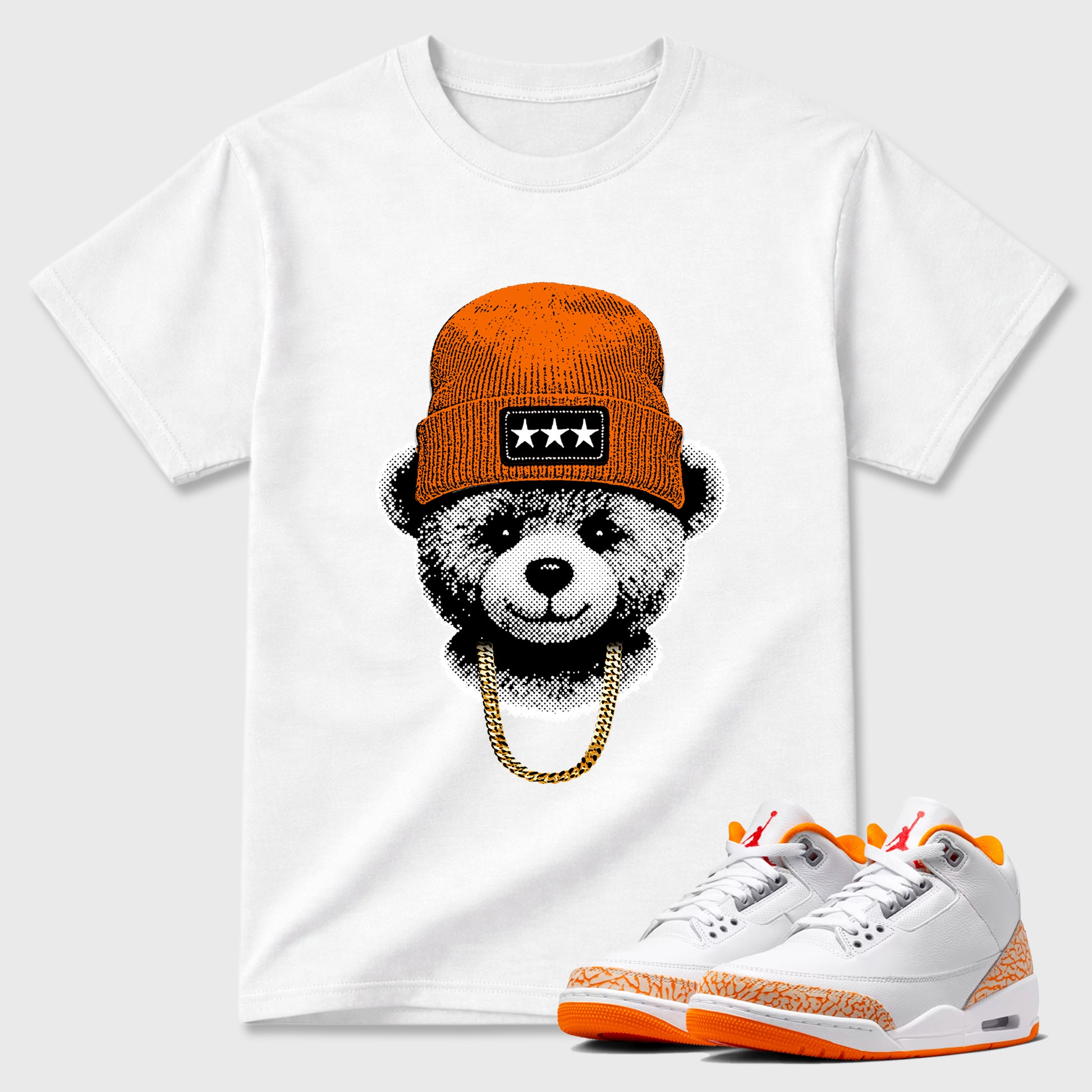 Sneaker match tees – Sneaker Tees To Match Air Jordan 3 Orange Citrus Shoes – Gangster Teddy Tee White 1