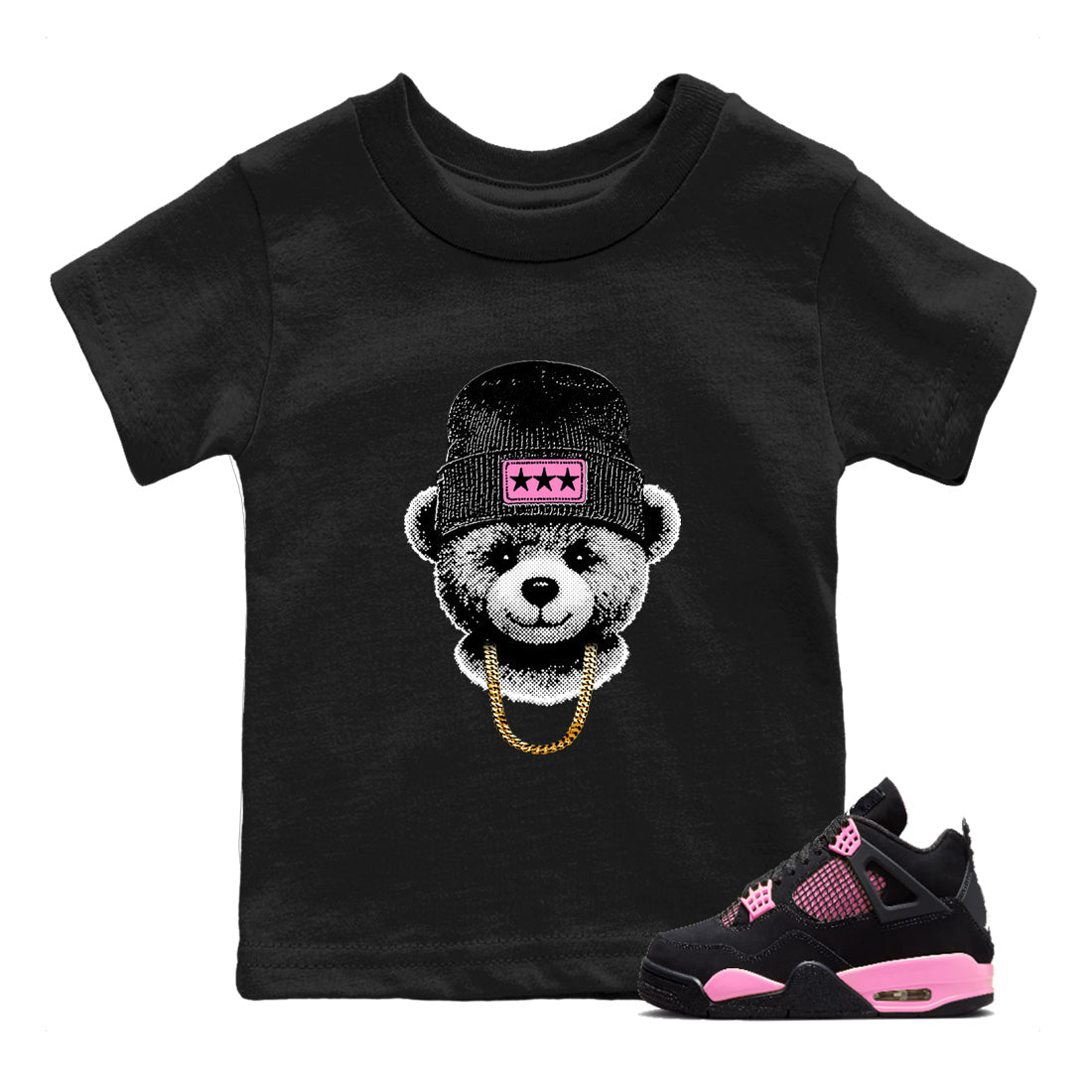 Perfect Valentine's Day Gifts graphic tee  – Sneaker Tees To Match Air Jordan 4 Pink Thunder – Gangster Teddy Kids Graphic T-Shirt Black 1