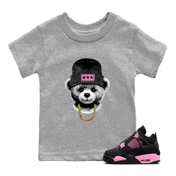 Perfect Valentine's Day Gifts graphic tee  – Sneaker Tees To Match Air Jordan 4 Pink Thunder – Gangster Teddy Kids Graphic T-Shirt Heather Grey 1