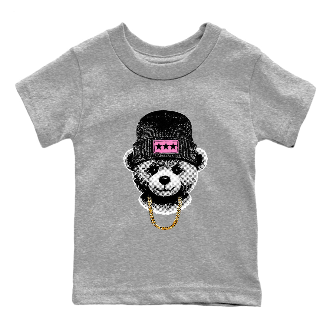 Perfect Valentine's Day Gifts graphic tee  – Sneaker Tees To Match Air Jordan 4 Pink Thunder – Gangster Teddy Kids Graphic T-Shirt Heather Grey 2