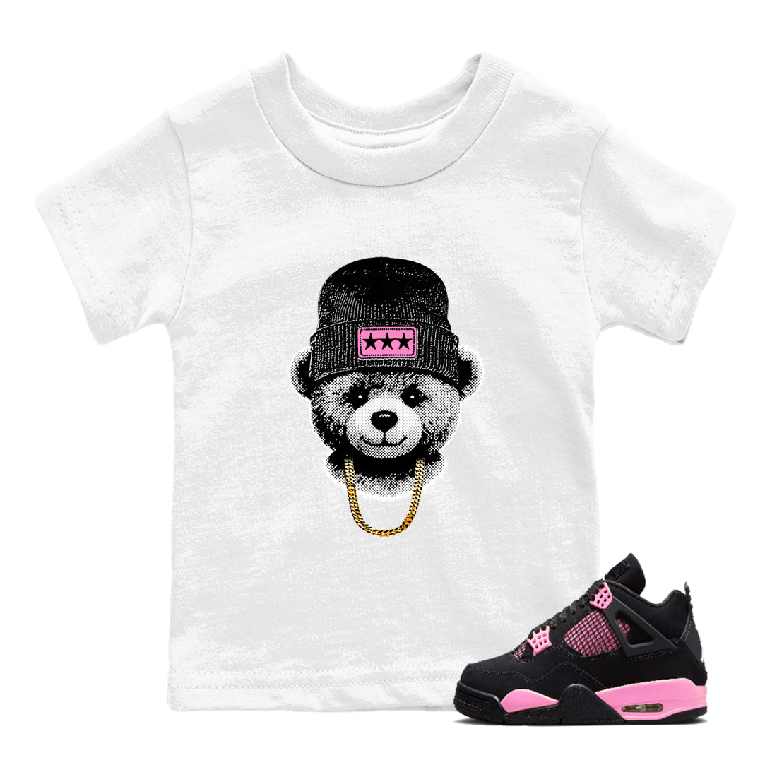 Perfect Valentine's Day Gifts graphic tee  – Sneaker Tees To Match Air Jordan 4 Pink Thunder – Gangster Teddy Kids Graphic T-Shirt White 1