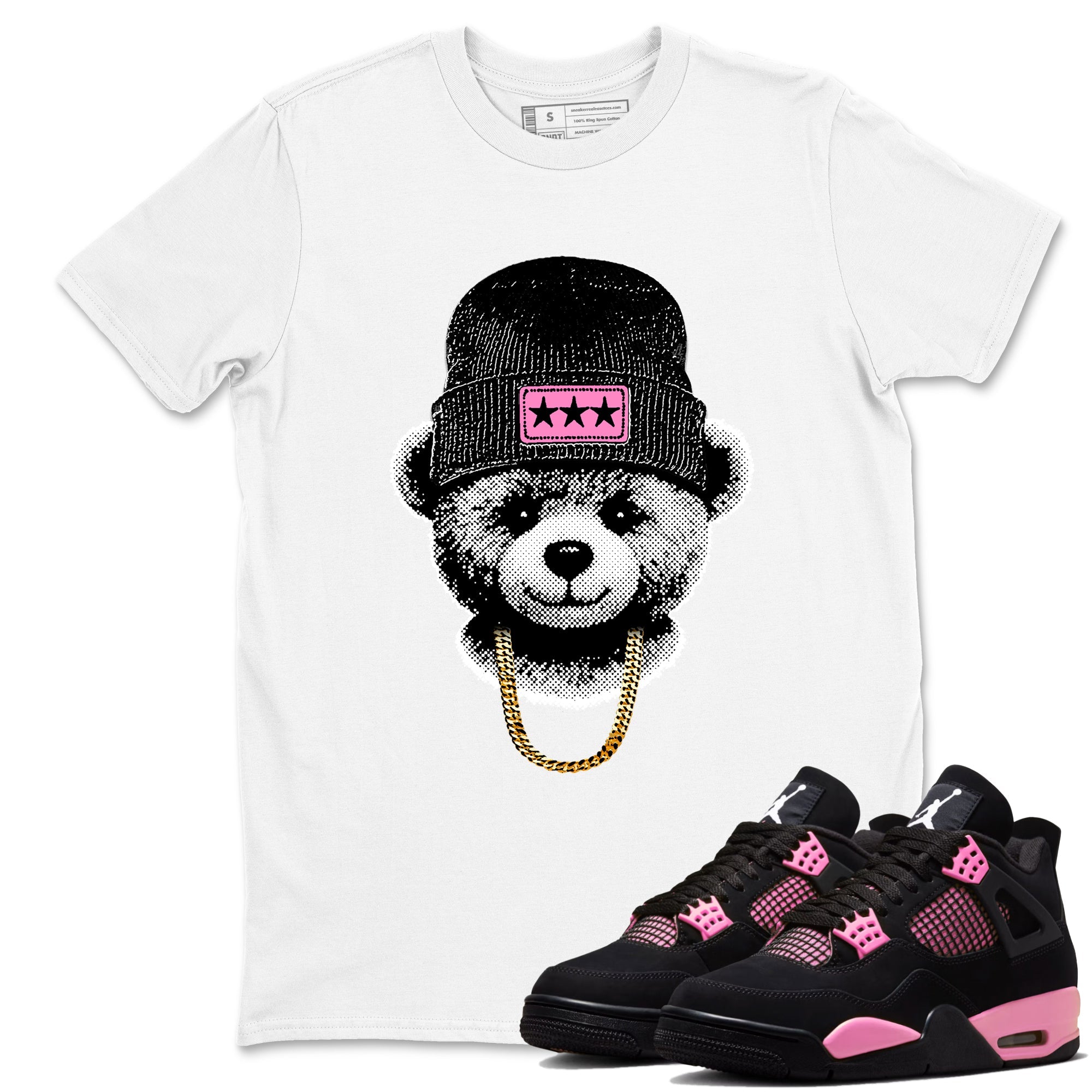 Perfect Valentine's Day Gifts graphic tee  – Sneaker Tees To Match Air Jordan 4 Pink Thunder – Gangster Teddy Tee White 1