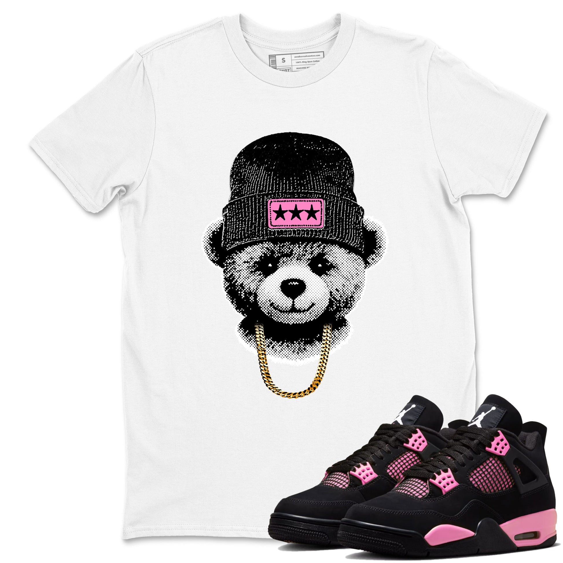 Perfect Valentine's Day Gifts graphic tee  – Sneaker Tees To Match Air Jordan 4 Pink Thunder – Gangster Teddy Tee White 1