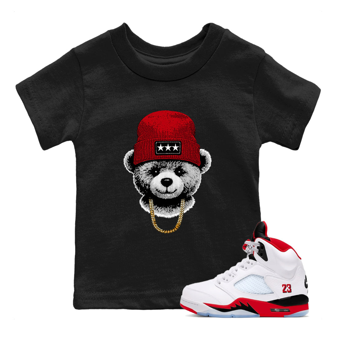 Sneaker tee, Streetwear Brand – Shirts To Match Air Jordan 5 Fire Red Sneakers – Gangster Teddy Kids, Baby Graphic T-Shirt Black 1