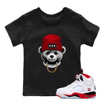 Sneaker tee, Streetwear Brand – Shirts To Match Air Jordan 5 Fire Red Sneakers – Gangster Teddy Kids, Baby Graphic T-Shirt Black 1