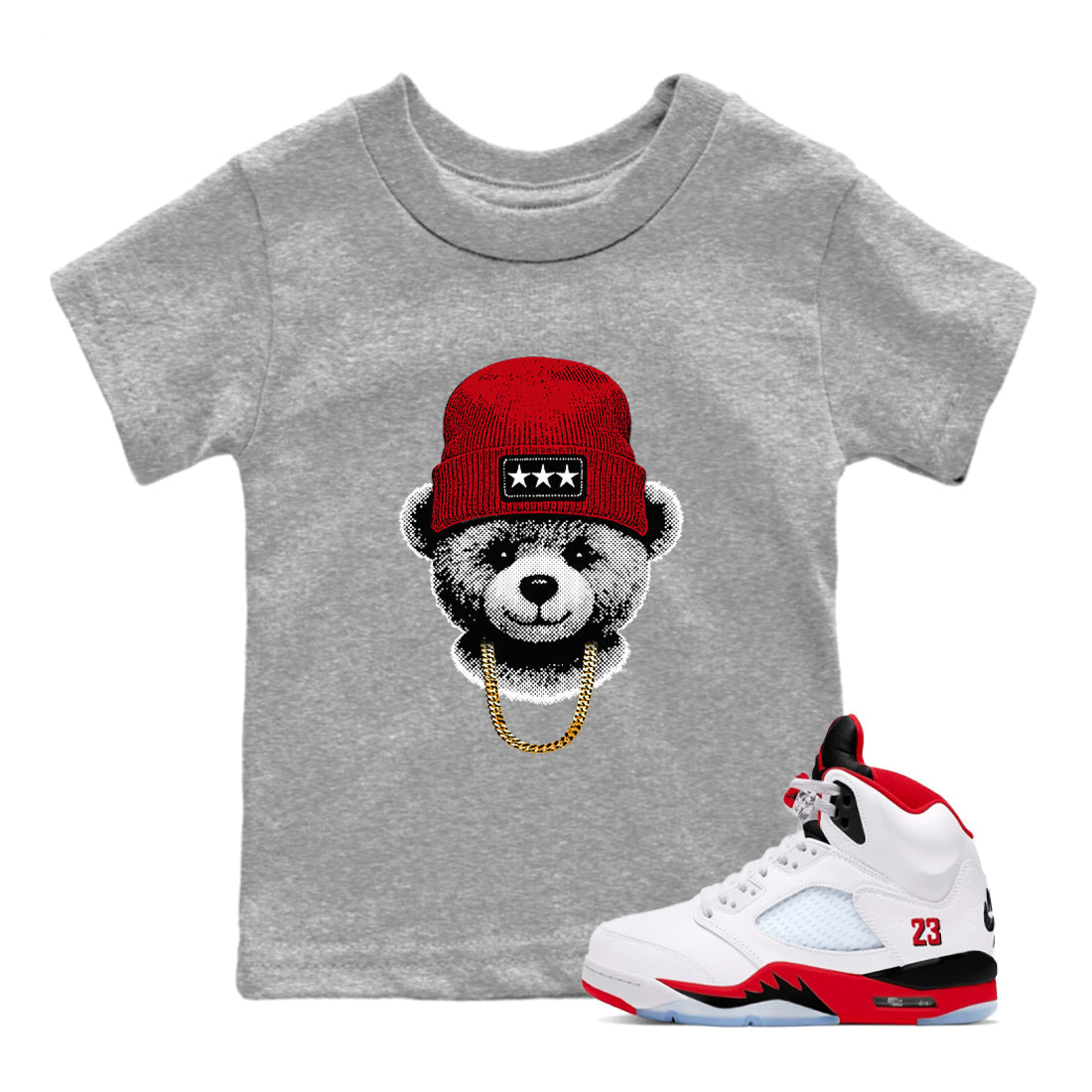 Sneaker tee, Streetwear Brand – Shirts To Match Air Jordan 5 Fire Red Sneakers – Gangster Teddy Kids, Baby Graphic T-Shirt Heather Grey 1