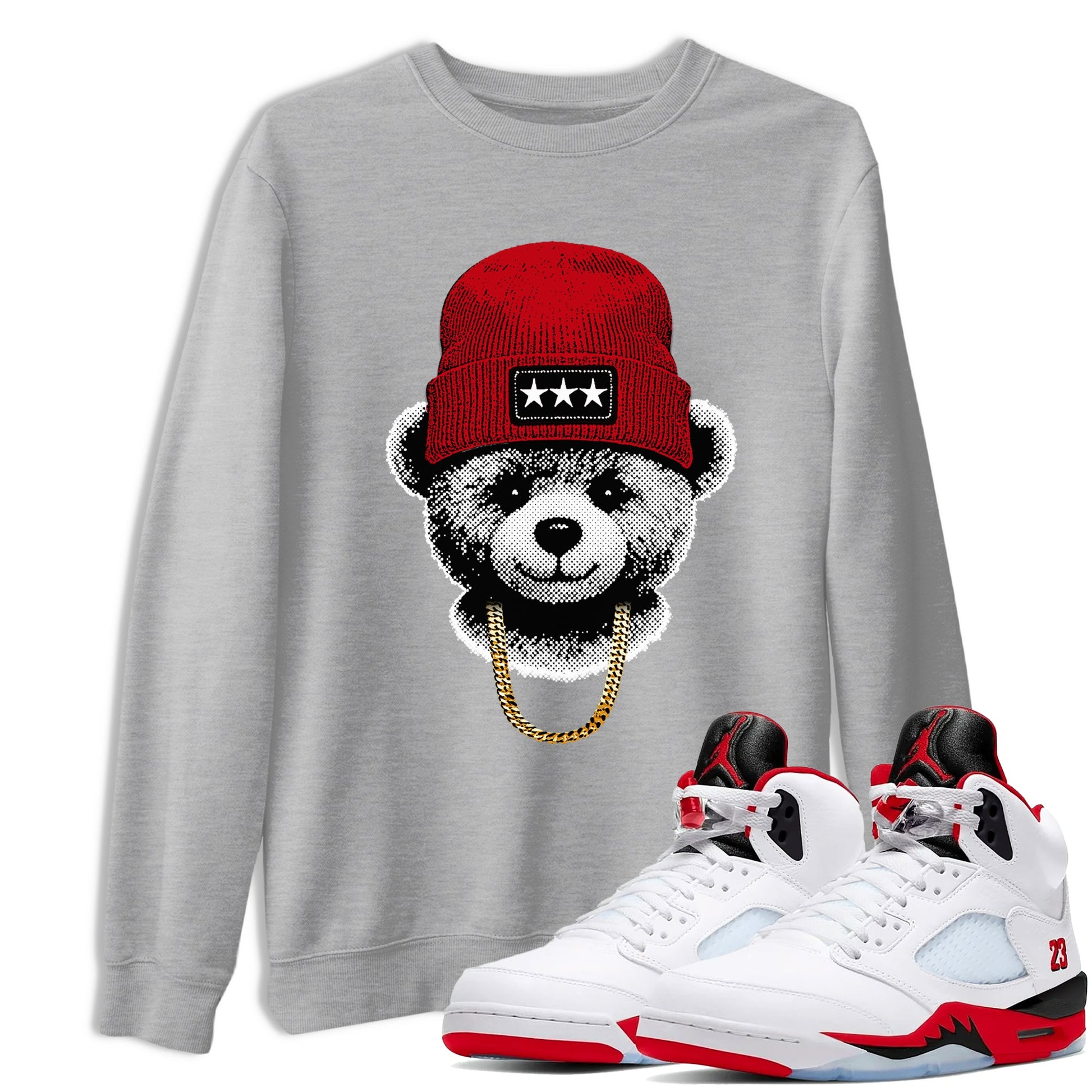 Sneaker tee, Streetwear Brand – Shirts To Match Air Jordan 5 Fire Red Sneakers – Gangster Teddy Graphic Tee Heather Grey 1