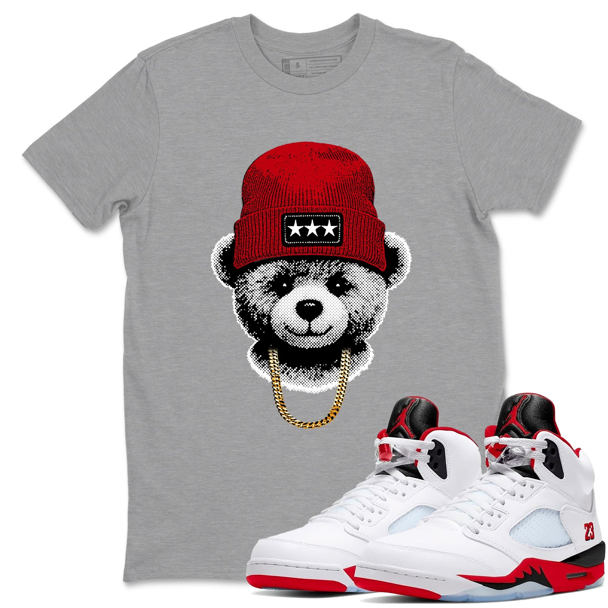 Sneaker tee, Streetwear Brand – Shirts To Match Air Jordan 5 Fire Red Sneakers – Gangster Teddy Graphic Tee Heather Grey 1