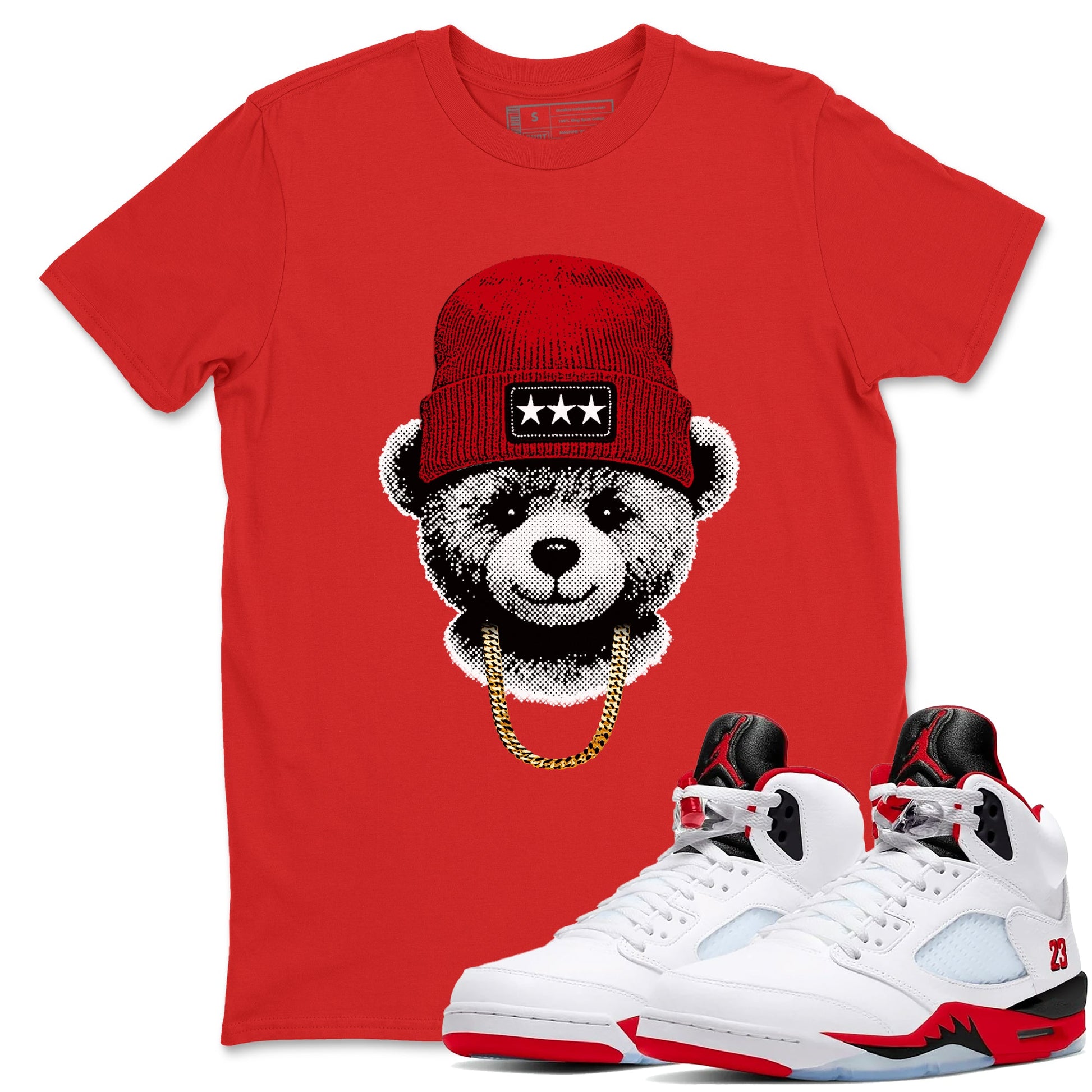 Sneaker tee, Streetwear Brand – Shirts To Match Air Jordan 5 Fire Red Sneakers – Gangster Teddy Graphic Tee Red 1