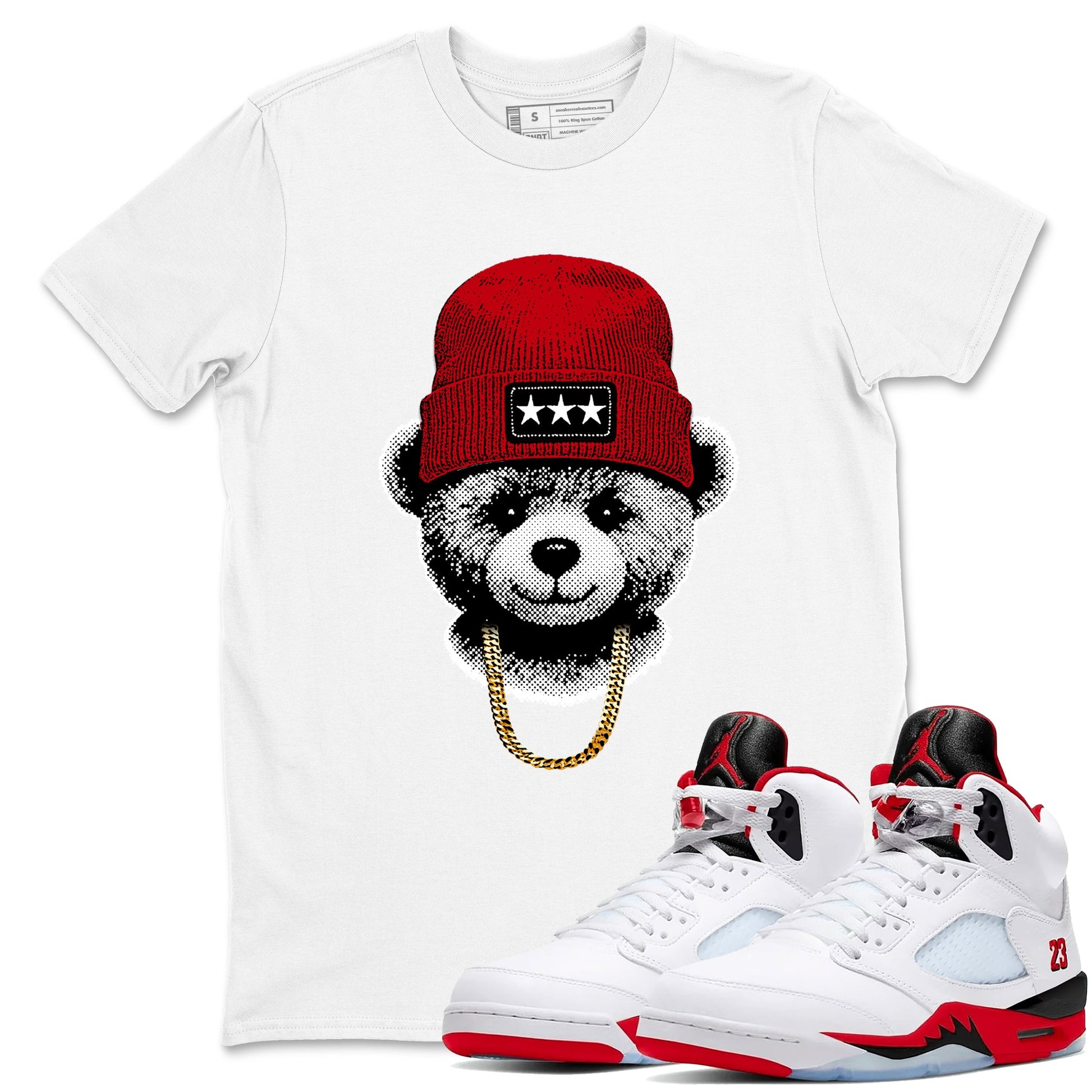 Sneaker tee, Streetwear Brand – Shirts To Match Air Jordan 5 Fire Red Sneakers – Gangster Teddy Graphic Tee White 1