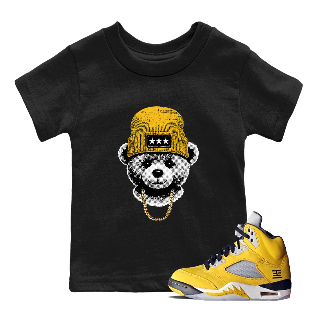 Sneaker match tees – Sneaker Tees To Match Jordan 5 Varsity Maize and Wolf Grey Shoes – Gangster Teddy Kids T-Shirt Black 1