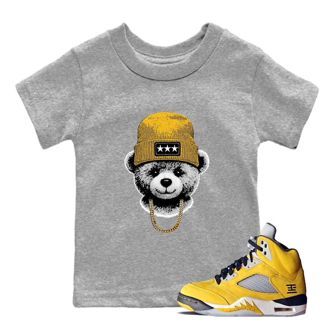 Sneaker match tees – Sneaker Tees To Match Jordan 5 Varsity Maize and Wolf Grey Shoes – Gangster Teddy Kids T-Shirt Heather Grey 1