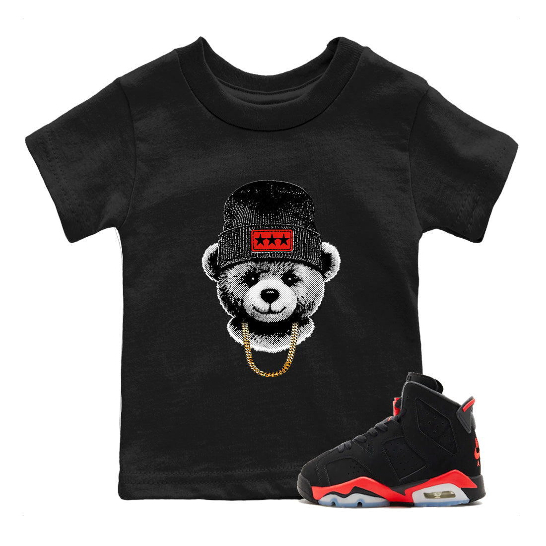 Perfect Valentine's Day Gifts graphic tee  – Sneaker Tees To Match Air Jordan 6 Reverse Infrared – Gangster Teddy Kids Graphic T-Shirt Black 1