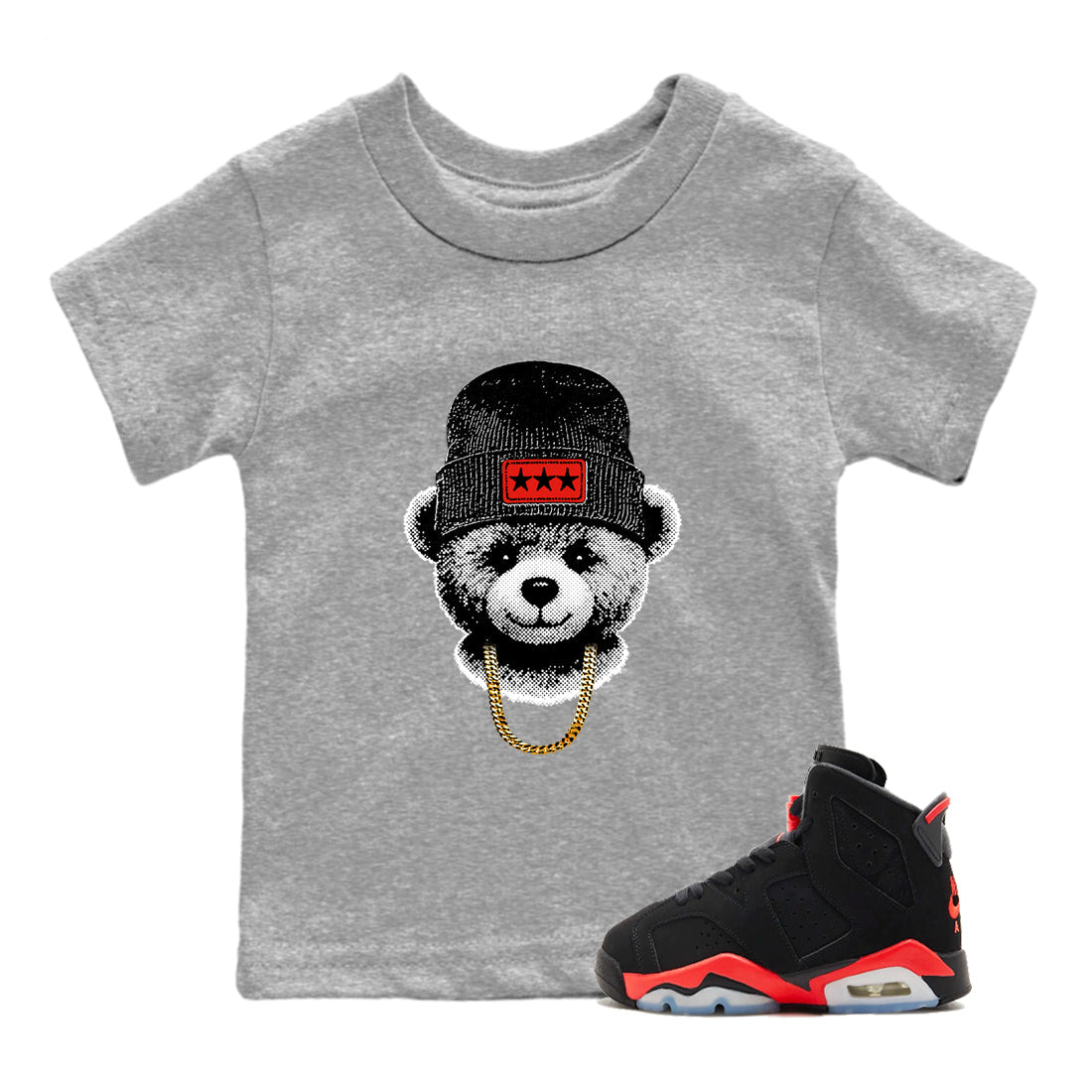 Perfect Valentine's Day Gifts graphic tee  – Sneaker Tees To Match Air Jordan 6 Reverse Infrared – Gangster Teddy Kids Graphic T-Shirt Heather Grey 1