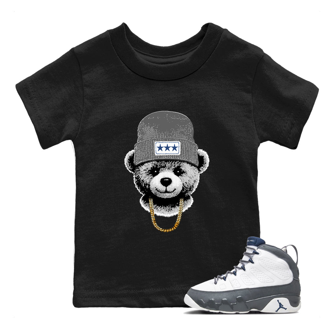 Sneaker match tees – Sneaker Tees To Match Air Jordan 9 Flint Grey Shoes – Gangster Teddy Kids T-Shirt Black 1