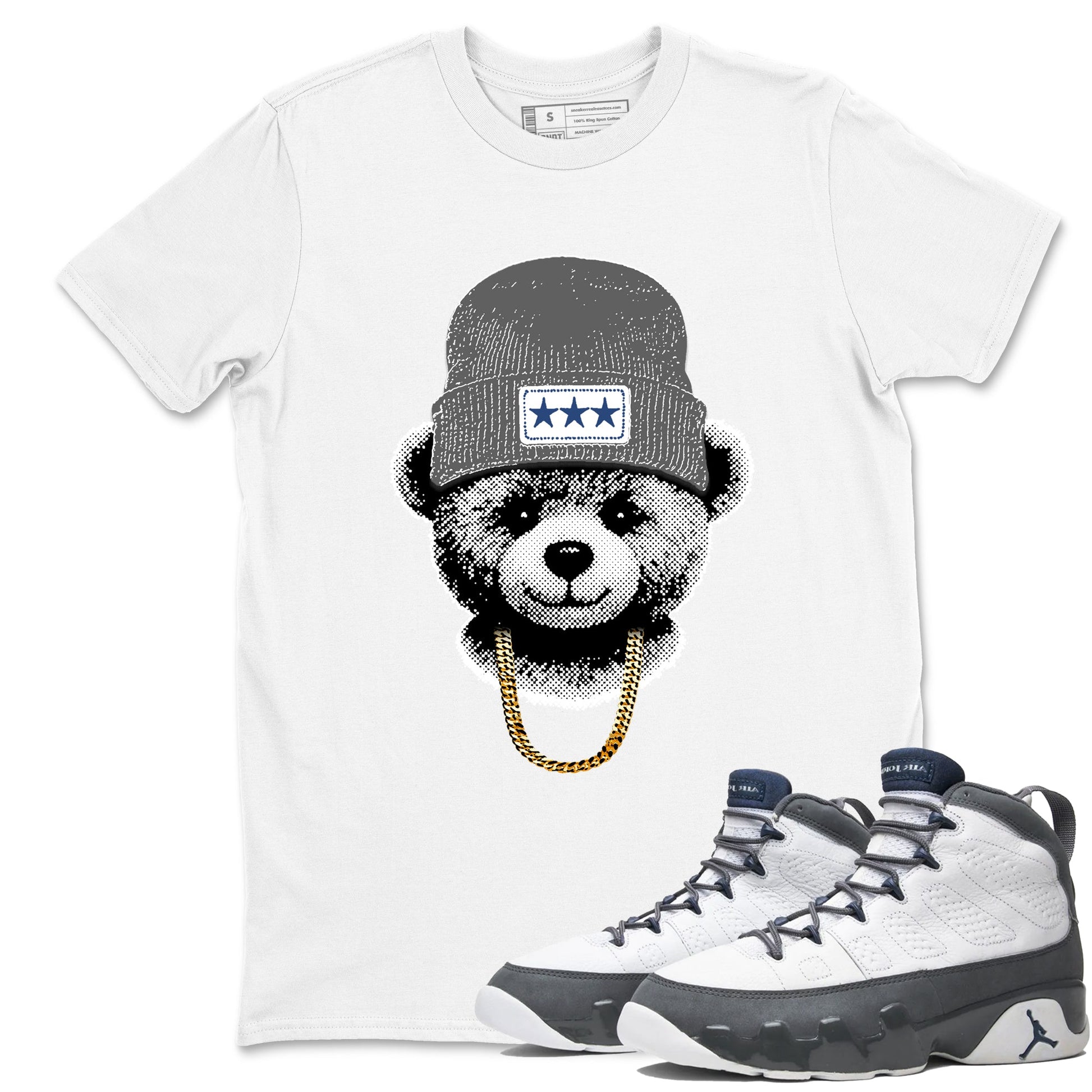 Sneaker match tees – Sneaker Tees To Match Air Jordan 9 Flint Grey Shoes – Gangster Teddy Tee White 1