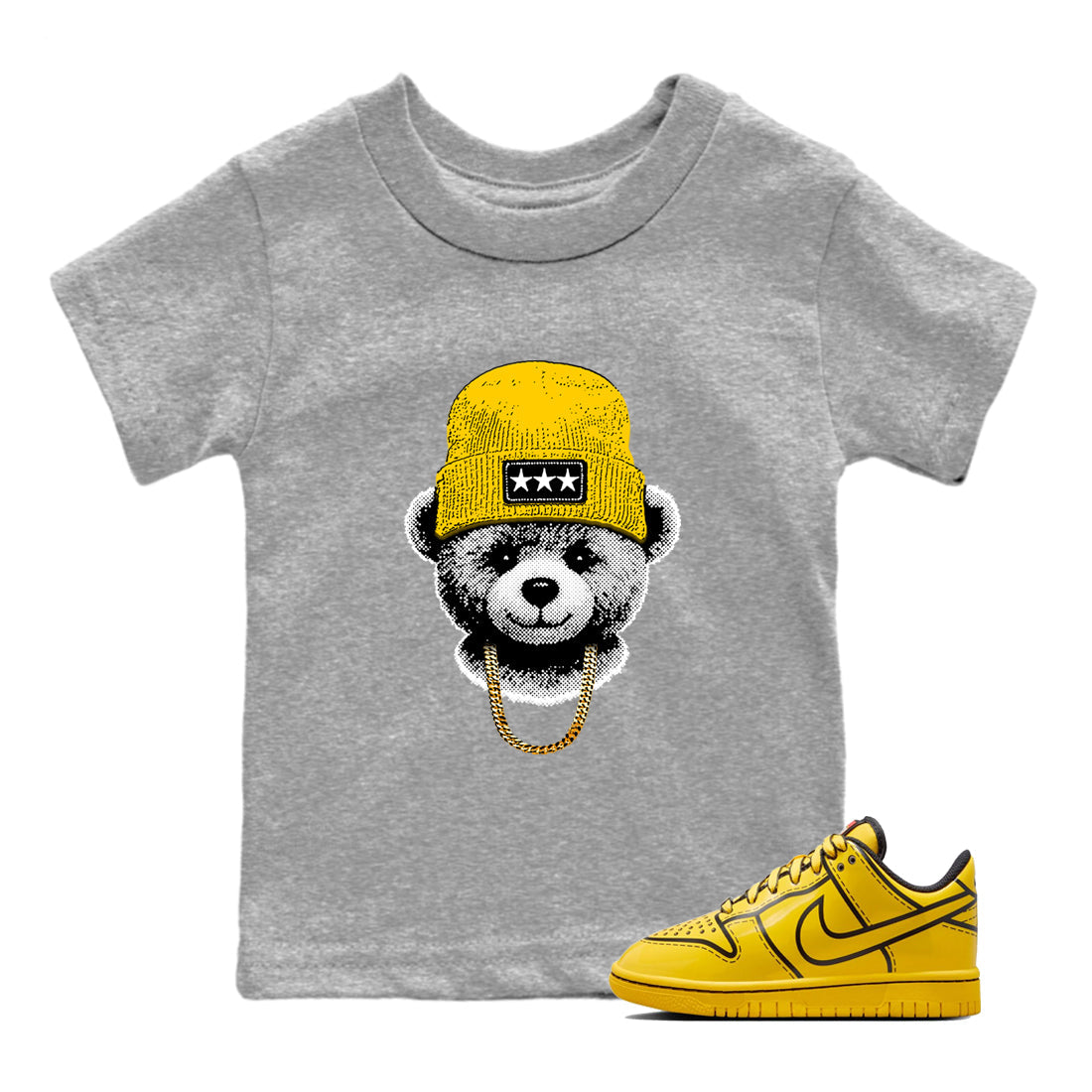 Best Christmas gifts for sneakerheads  – Sneaker Tees To Match Dunk Tour Yellow Sneakers – Gangster Teddy Kids T-Shirt Heather Grey 1