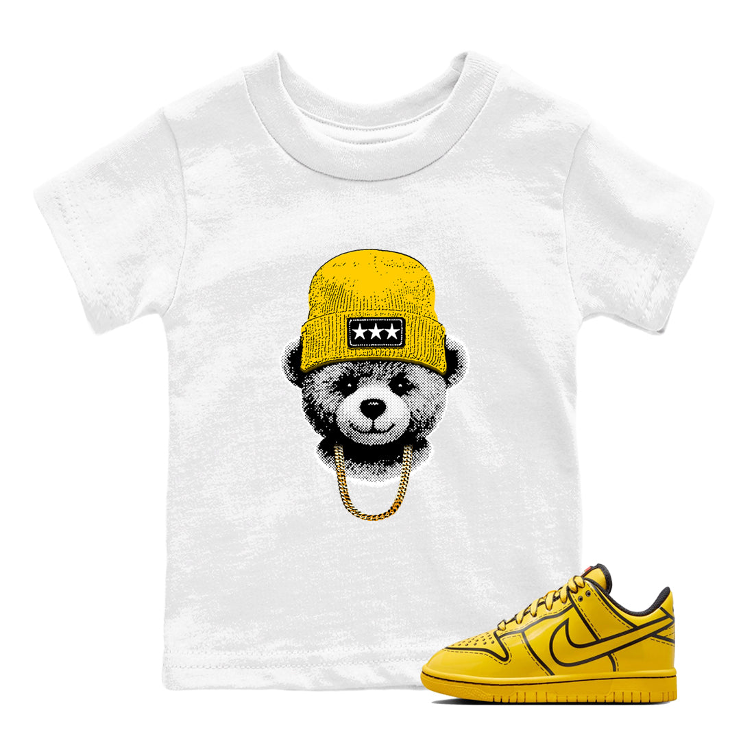 Best Christmas gifts for sneakerheads  – Sneaker Tees To Match Dunk Tour Yellow Sneakers – Gangster Teddy Kids T-Shirt White 1