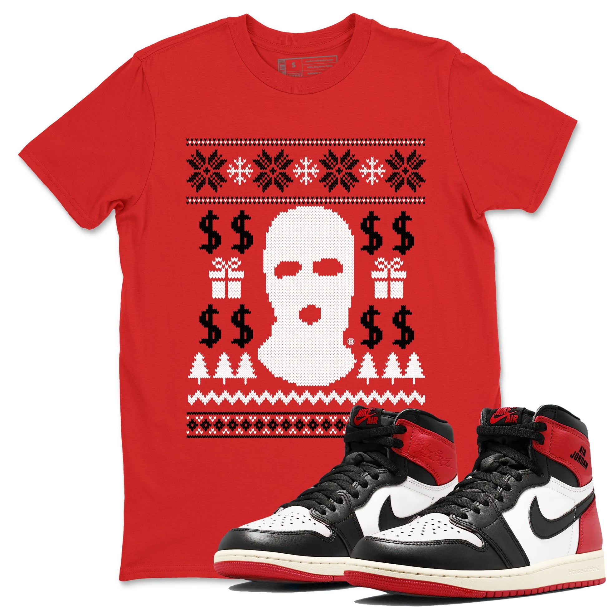 1s Black Toe Reimagined shirts to match jordans Gangster Ugly Sweater sneaker match tees Air Jordan 1 Retro High Black Toe Reimagined match shoes to clothes SNRT Sneaker Tees unisex cotton Red 1 shirts