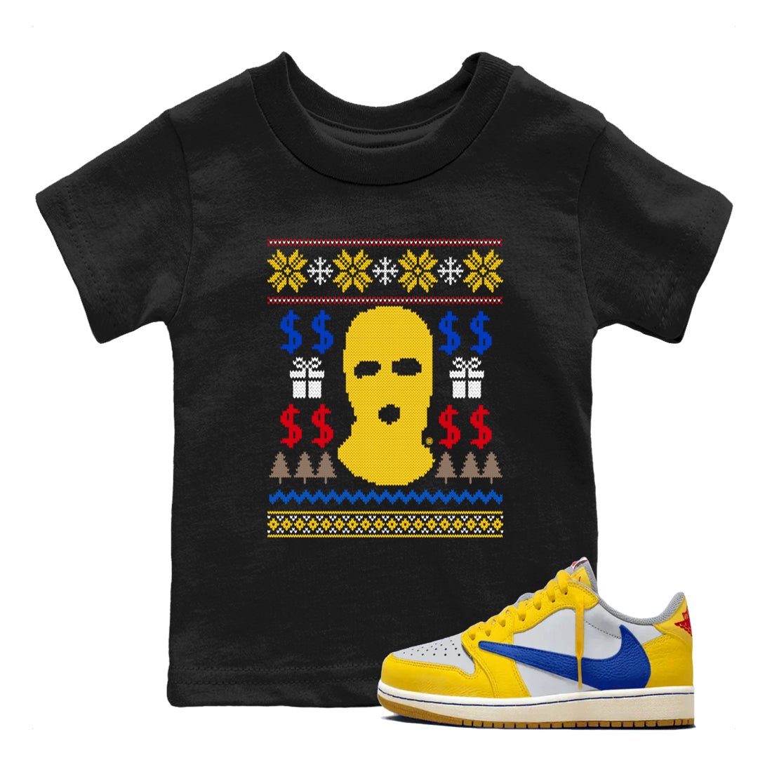 1s Travis Scott Canary shirts to match jordans Gangster Ugly Sweater sneaker match tees Air Jordan 1 Low OG Travis Scott Canary match shoes to clothes SNRT Sneaker Tees Youth Baby Black 1 tee