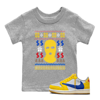 1s Travis Scott Canary shirts to match jordans Gangster Ugly Sweater sneaker match tees Air Jordan 1 Low OG Travis Scott Canary match shoes to clothes SNRT Sneaker Tees Youth Baby Heather Grey 1 tee