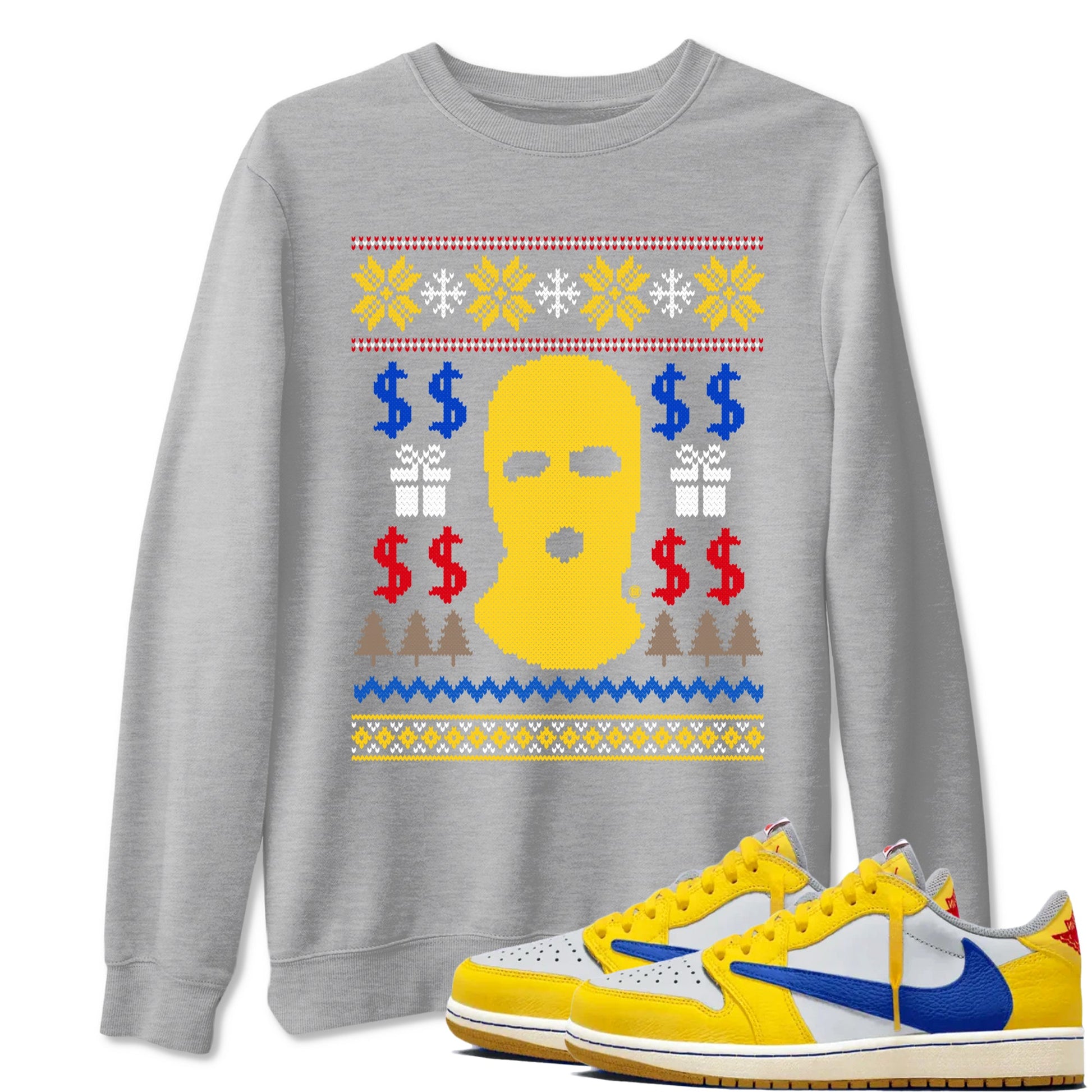1s Travis Scott Canary shirts to match jordans Gangster Ugly Sweater sneaker match tees Air Jordan 1 Low OG Travis Scott Canary match shoes to clothes SNRT Sneaker Tees unisex cotton Heather Grey 1 shirts