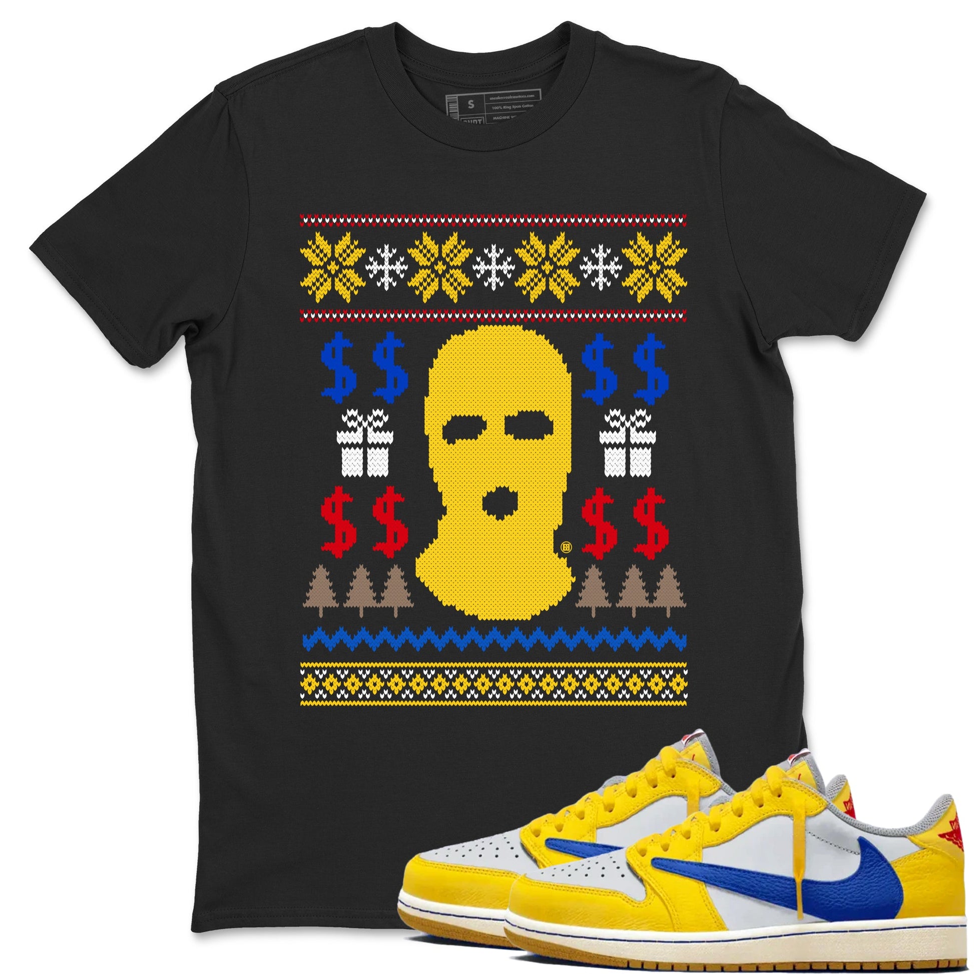 1s Travis Scott Canary shirts to match jordans Gangster Ugly Sweater sneaker match tees Air Jordan 1 Low OG Travis Scott Canary match shoes to clothes SNRT Sneaker Tees unisex cotton Black 1 shirts