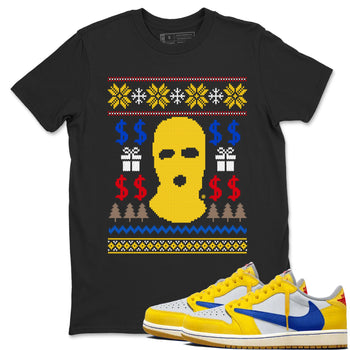 1s Travis Scott Canary shirts to match jordans Gangster Ugly Sweater sneaker match tees Air Jordan 1 Low OG Travis Scott Canary match shoes to clothes SNRT Sneaker Tees unisex cotton Black 1 shirts