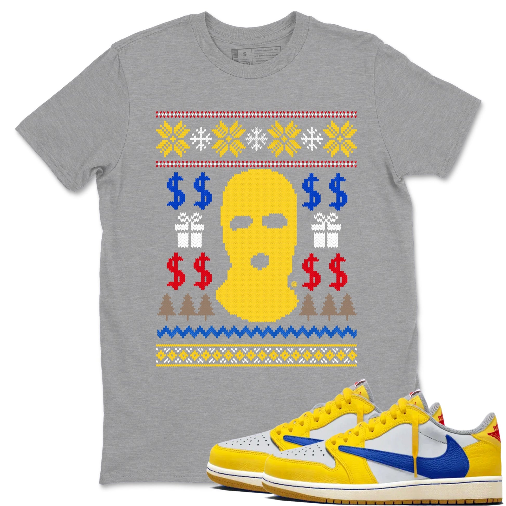 1s Travis Scott Canary shirts to match jordans Gangster Ugly Sweater sneaker match tees Air Jordan 1 Low OG Travis Scott Canary match shoes to clothes SNRT Sneaker Tees unisex cotton Heather Grey 1 shirts