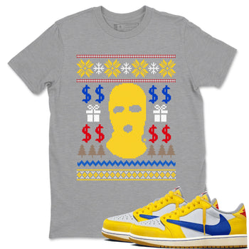 1s Travis Scott Canary shirts to match jordans Gangster Ugly Sweater sneaker match tees Air Jordan 1 Low OG Travis Scott Canary match shoes to clothes SNRT Sneaker Tees unisex cotton Heather Grey 1 shirts